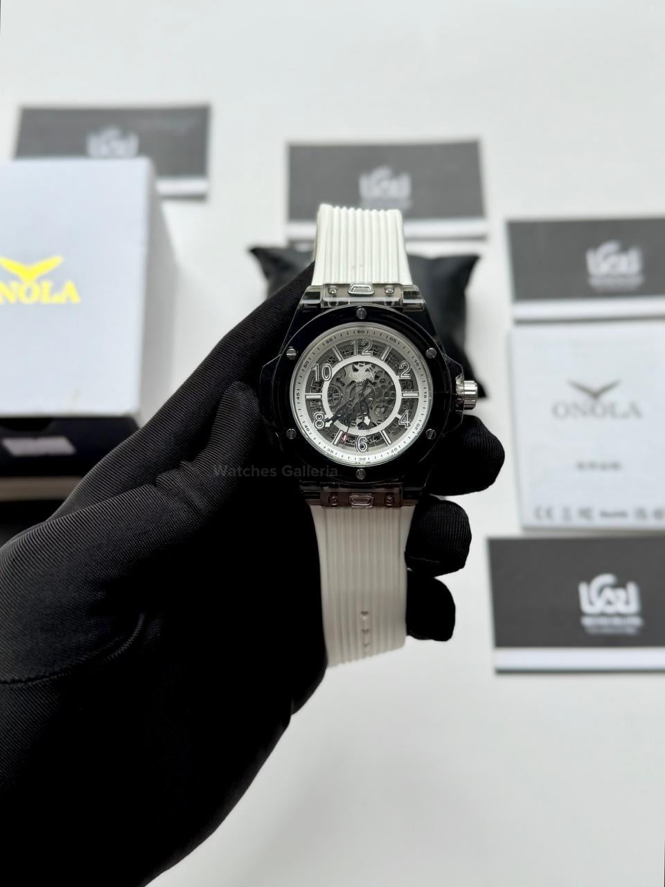 Onola ON3836 Oak Skeleton White Black Automatic Watch – 49mm Transparent Dial, Bold Sport Design, Pakistan Edition