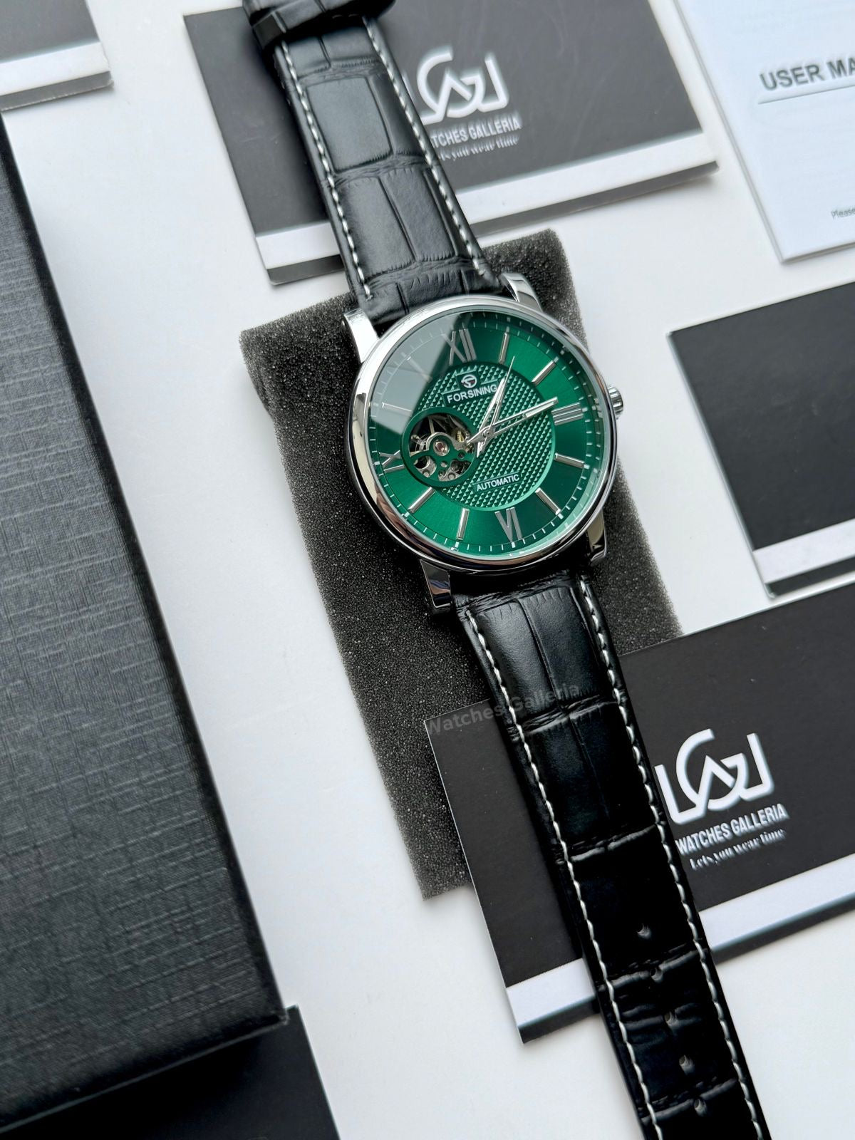 Forsining FS112 Classic Skeleton Automatic Watch – Green Dial | Leather Strap Mechanical Wristwatch for Men