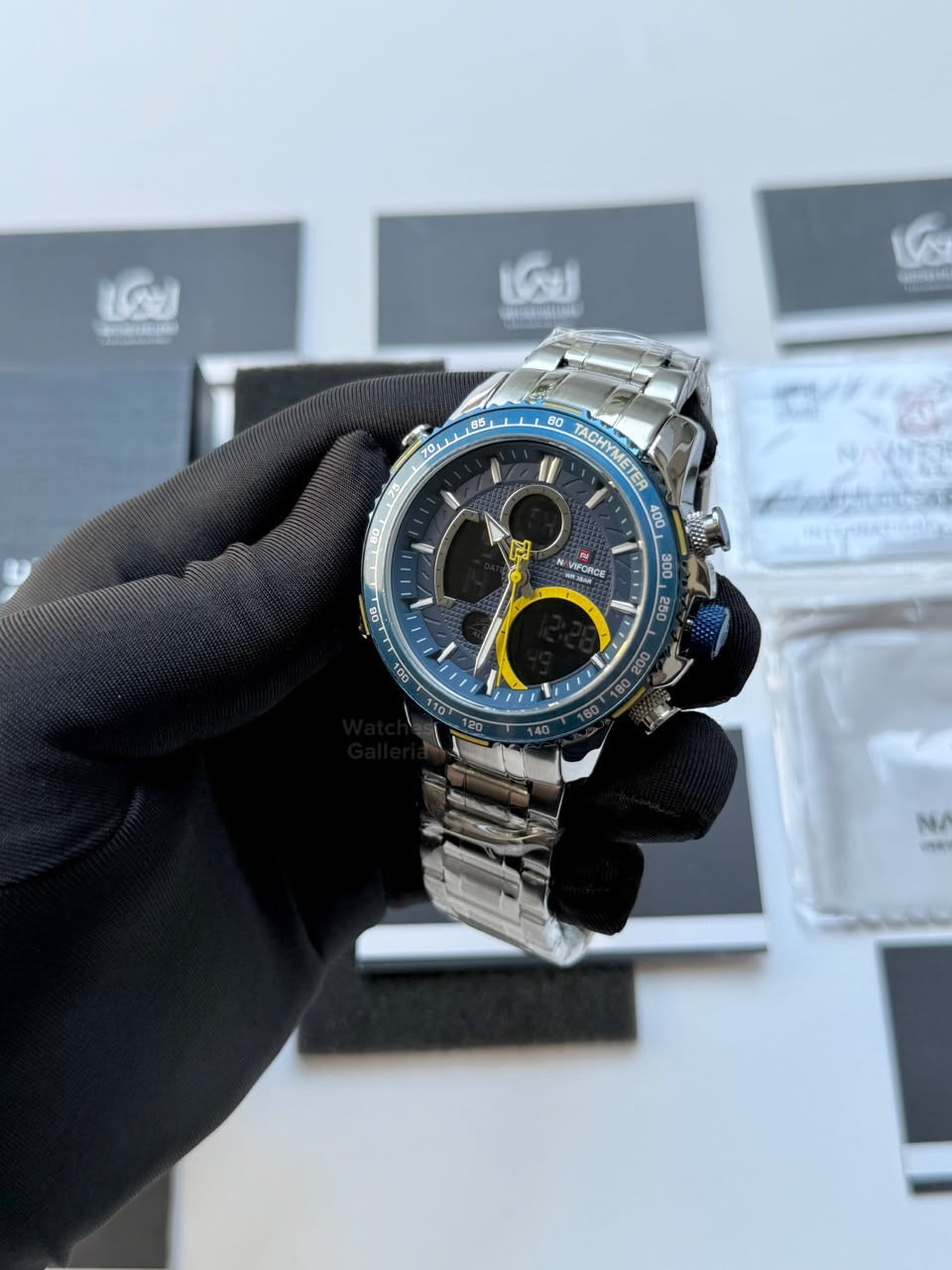 Naviforce Watch Pakistan NF9182 | Naviforce Men Watch | Naviforce Chain Watch | Dual Display Blue Yellow Watch