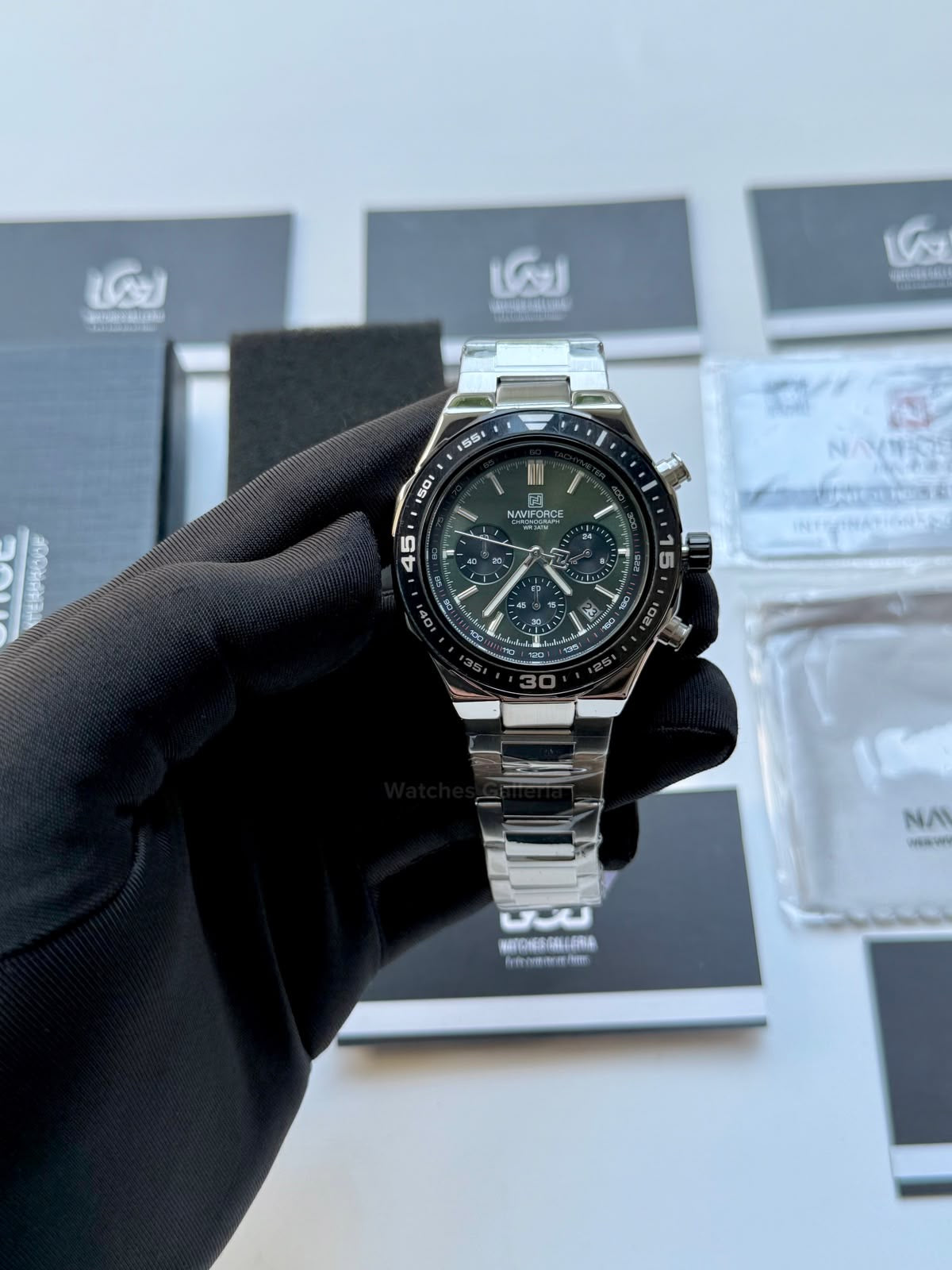 Naviforce NF8049 Watch Pakistan | Naviforce Men Watch | Naviforce Chain Watch | Silver Green Chronograph Watch