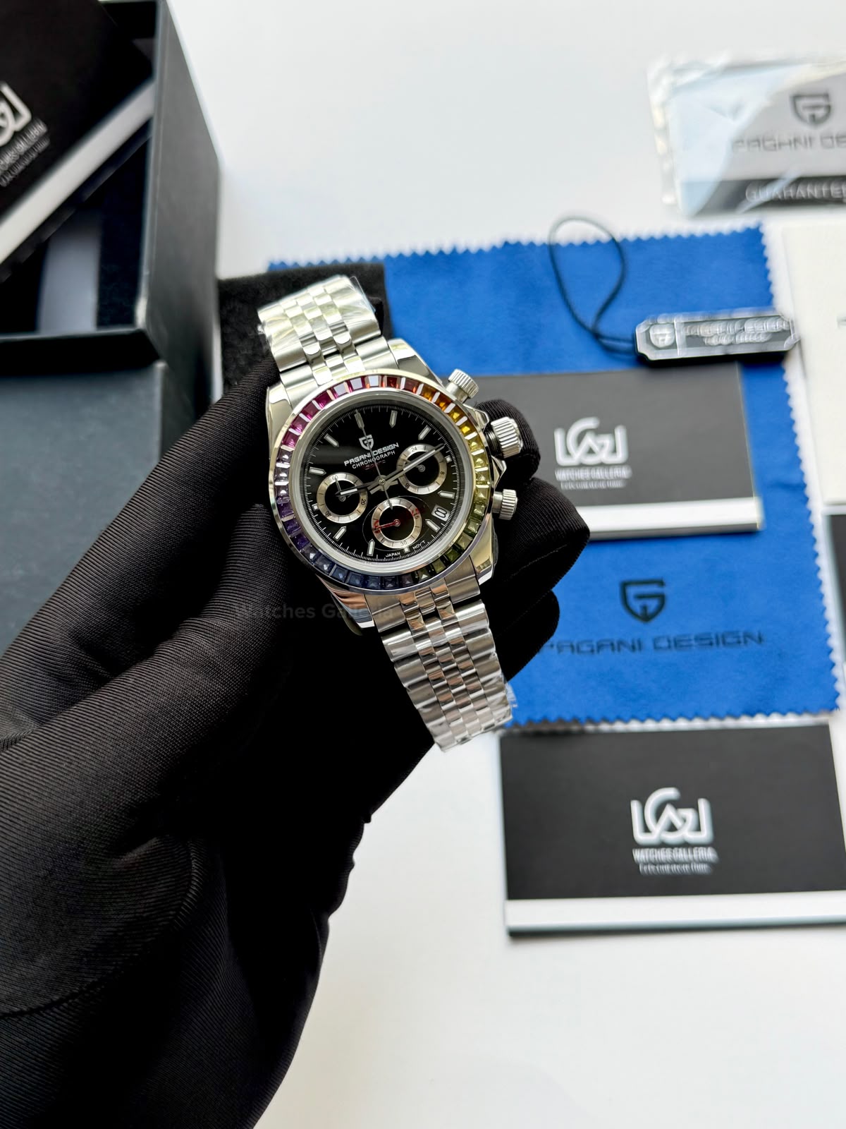 Pagani Design PD1644 Daytona Rainbow Jubilee Limited Edition Chronograph Watch PD1644LE | 40mm Sapphire Crystal, Seiko VK63 Quartz, Complete Calendar & Rainbow Stones Bezel
