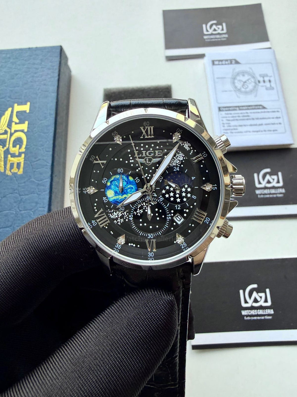 Lige Watch LG89107 Moonphase Chronograph (Black/Silver) Lige Watch in Pakistan