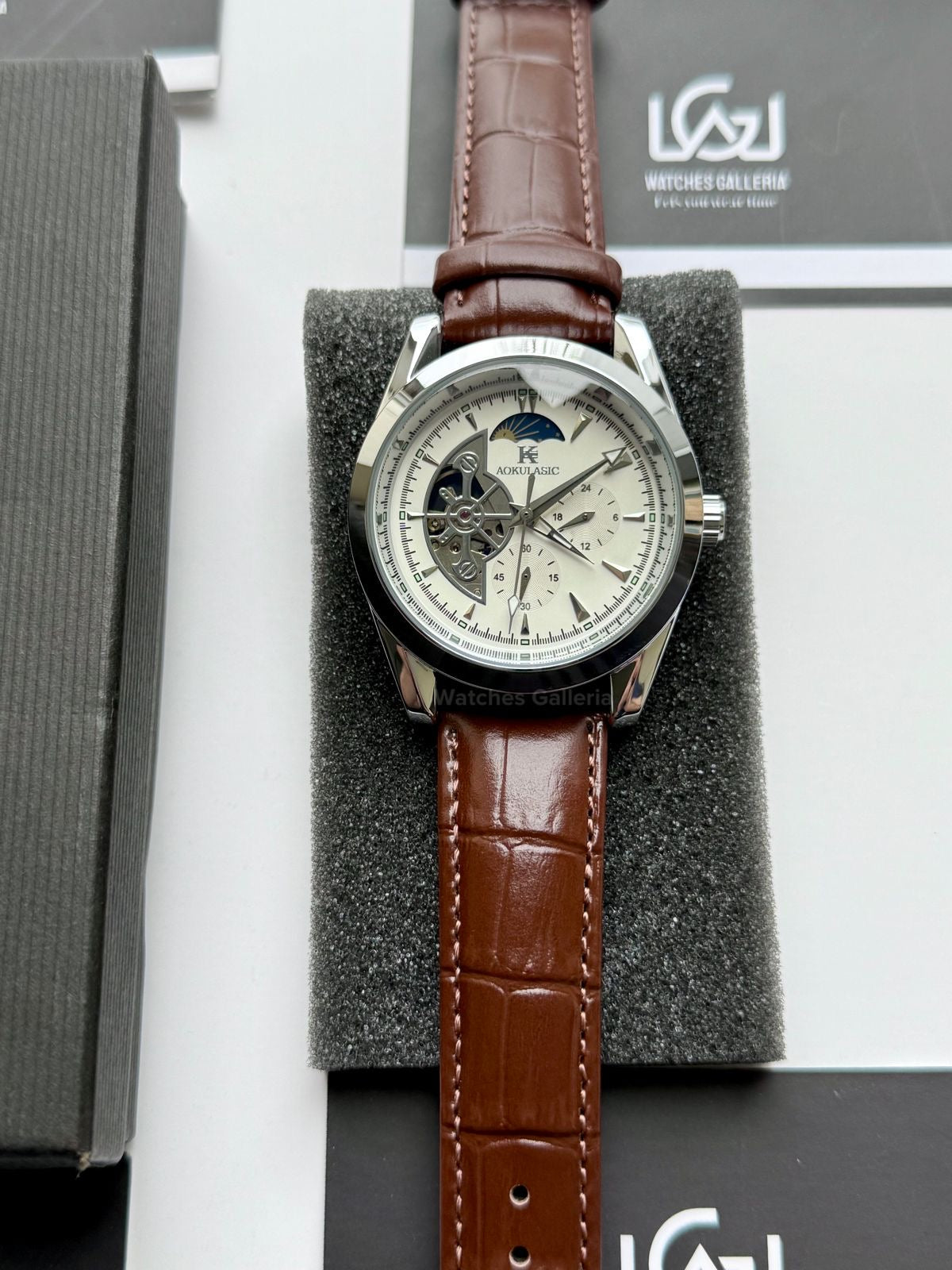 Aokulasic AOKU032 Moonphase Flywheel Automatic Watch 40mm Brown Silver | 21 Jewels Mechanical Watch