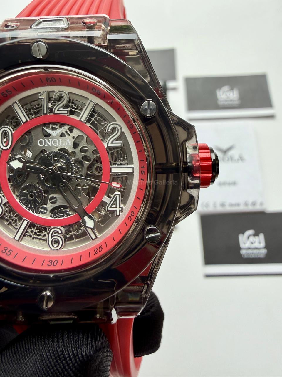 Onola ON3836 Oak Skeleton Red Black Automatic Watch – 49mm Transparent Dial, Bold Sport Design, Pakistan Edition