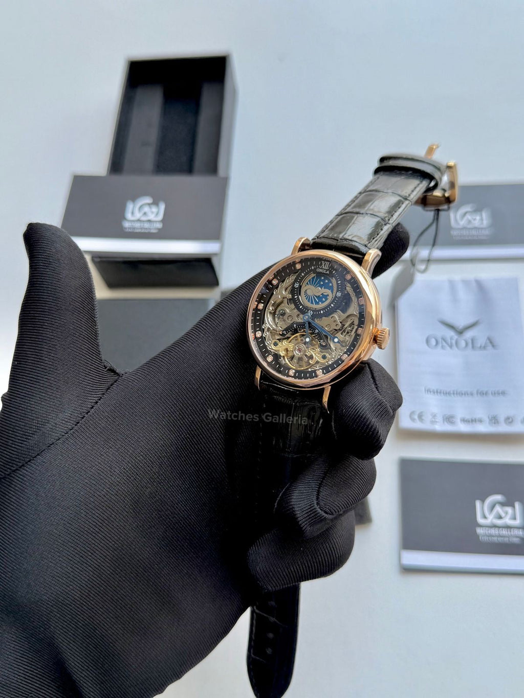 Onola Moonphase Flywheel Skeleton Watch Automatic (Black-Rose Gold) ON6836 Watches Galleria