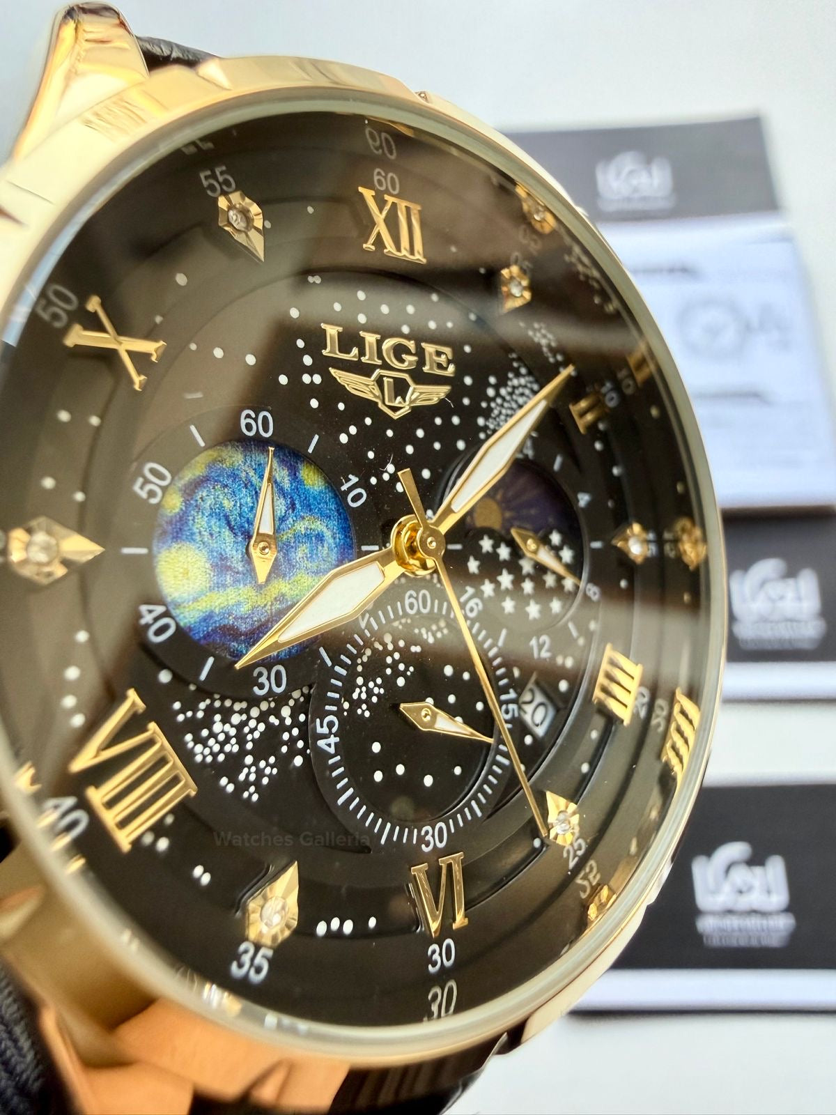 Lige Watch LG89107 Moonphase Chronograph (Black/Gold) Lige Watch in Pakistan