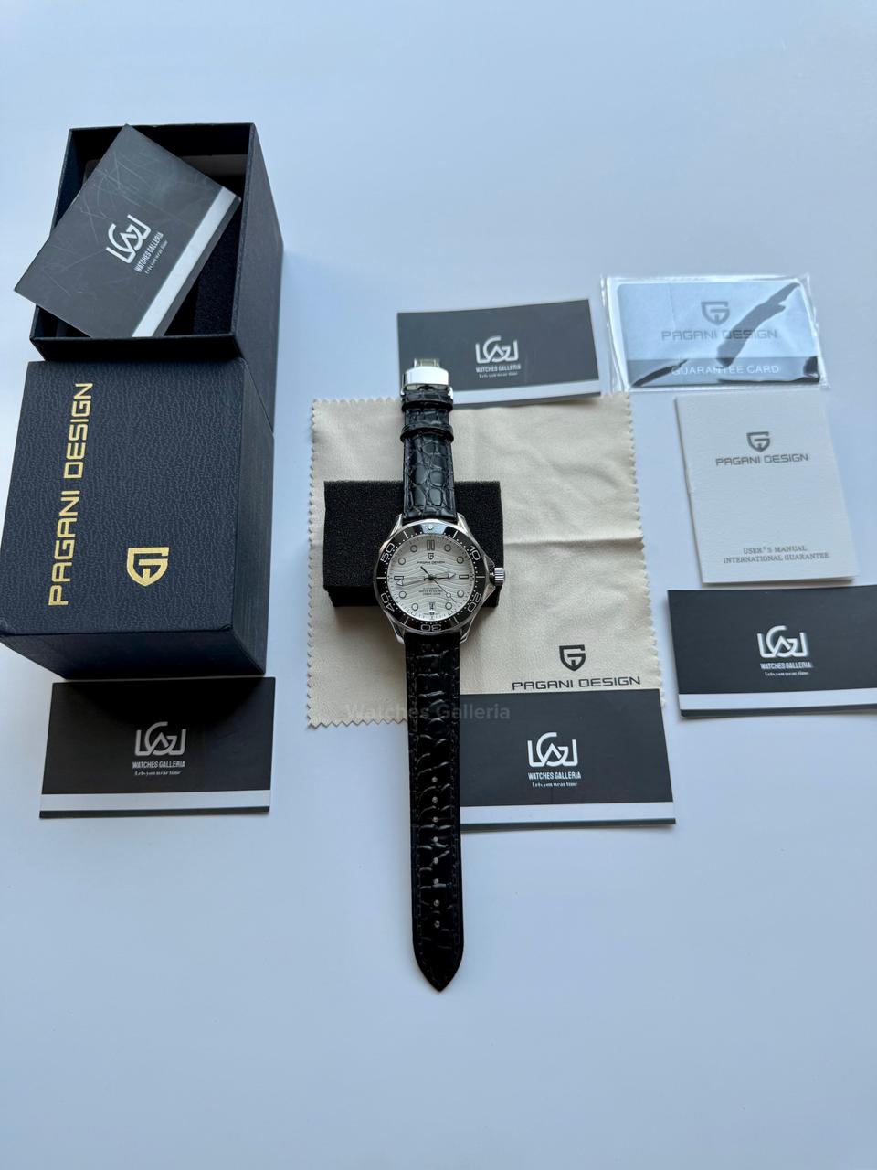 Pagani Design PD1685 Black Leather Strap Seamaster Diver White Automatic Watch – 200M Sapphire Crystal NH35A/Miyota Luxury Dive Watch in Pakistan | Watches Galleria