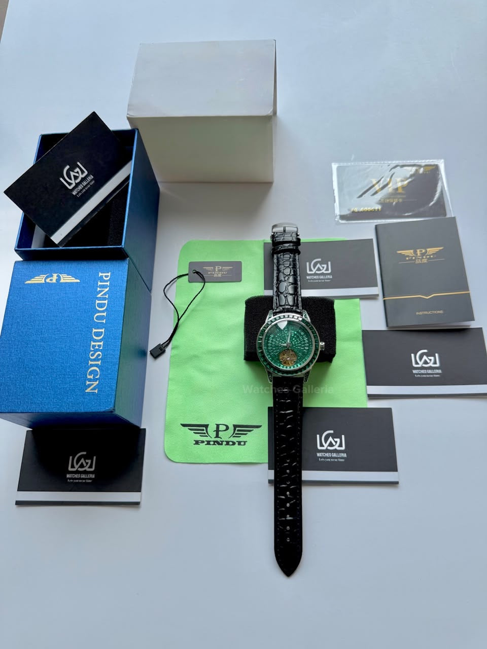 Pindu 5037 Green/Black LeatherDiamonds Hand Encrusted Diamond Automatic Tourbillon Watch for Men | Luxury Mechanical Watch | 43mm Stainless Steel Case
