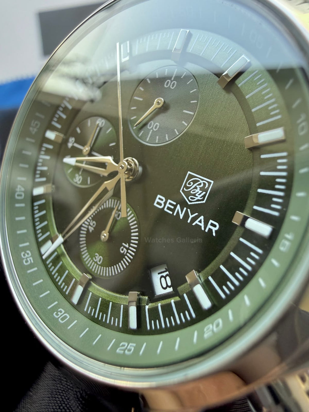 Benyar BY5210 (Green SS) Pilot Chronograph Green Dial Stainless Steel Watch – 42mm Quartz Chronograph with Date, Complete Calendar & Stopwatch