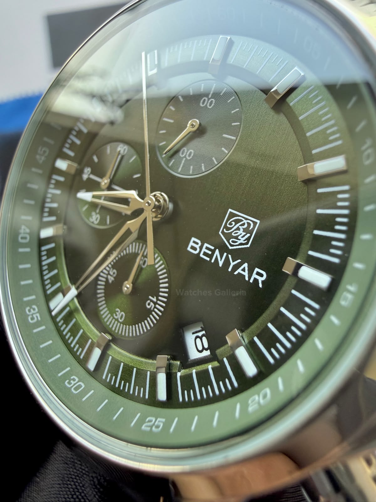 Benyar BY5210 (Green SS) Pilot Chronograph Green Dial Stainless Steel Watch – 42mm Quartz Chronograph with Date, Complete Calendar & Stopwatch