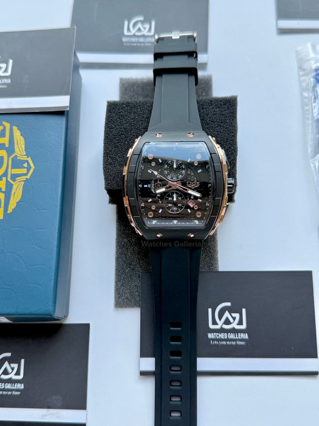 LIGE LG89148 Tonneau Chronograph Watch in Pakistan – Black Rose Gold Luxury Men’s Quartz Watch with Silicon Strap
