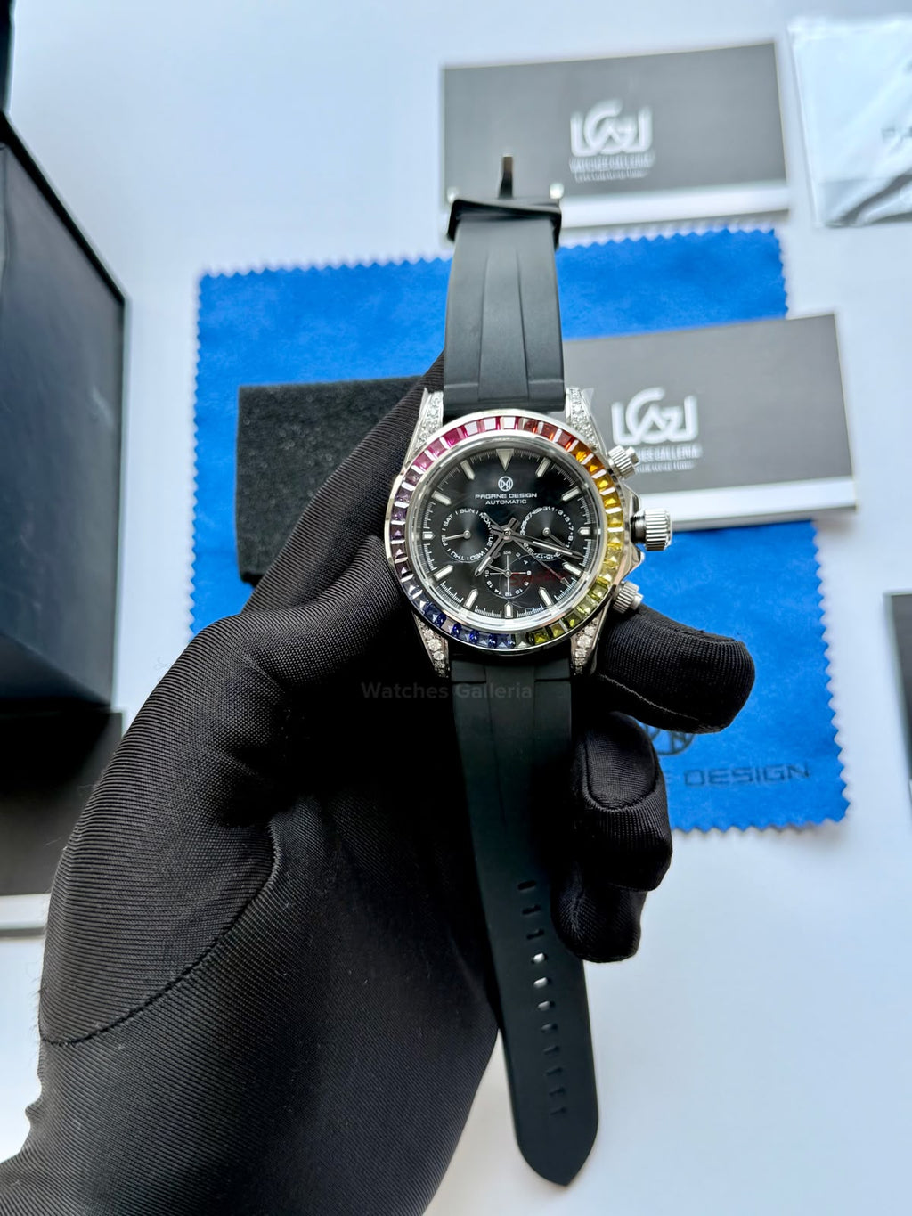 Pagani Design PG1666 Daytona Rainbow Limited Edition Black Automatic Chronograph Watch | 40mm Sapphire Crystal | HZ2196G Movement | 100M Water Resistant