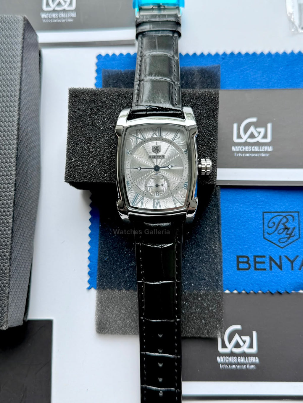 Benyar BY5114 Square Tank Watch Silver Black Roman Numeral Dial Master Lock Quartz Date Calendar Leather Strap