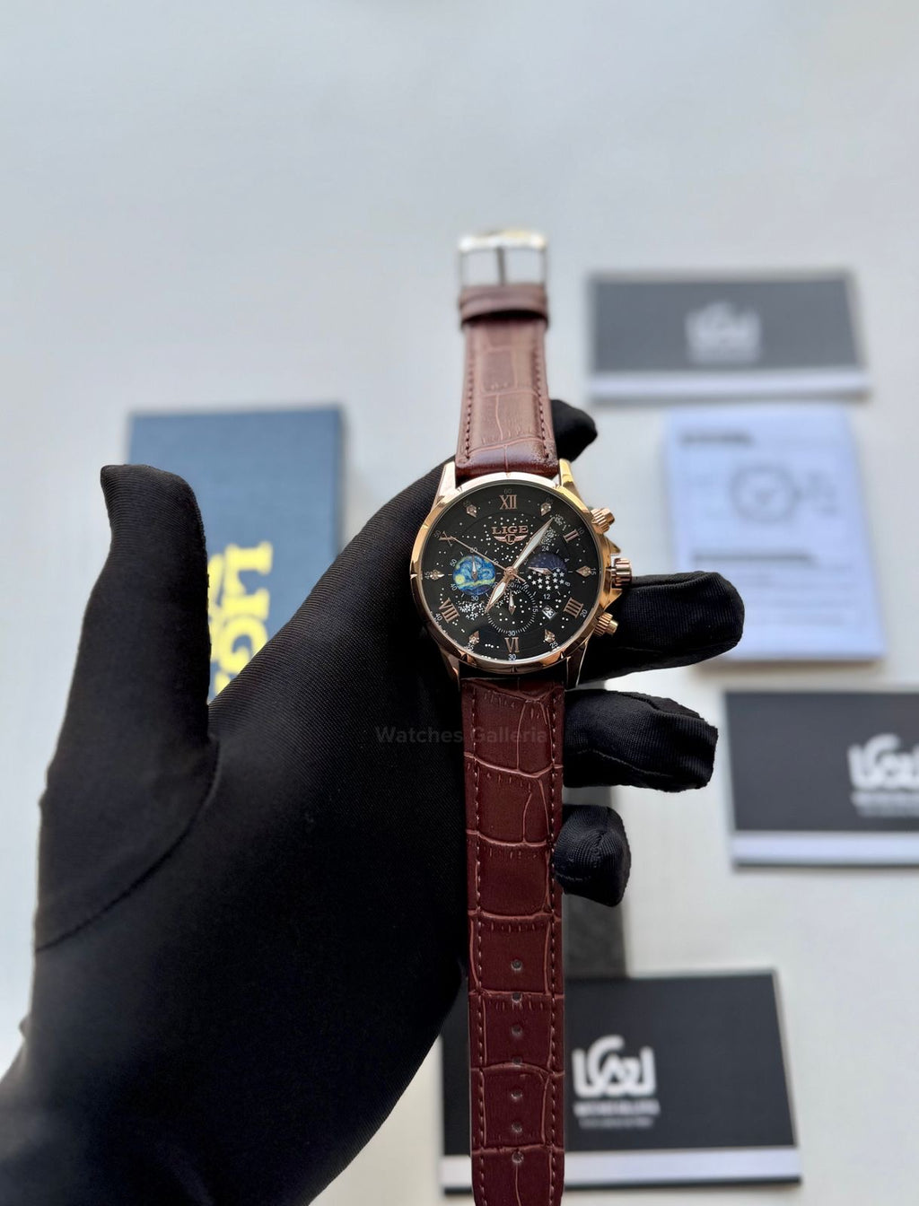 Lige Watch LG89107 Moonphase Chronograph (Brown/Black/Gold) Lige Watch in Pakistan