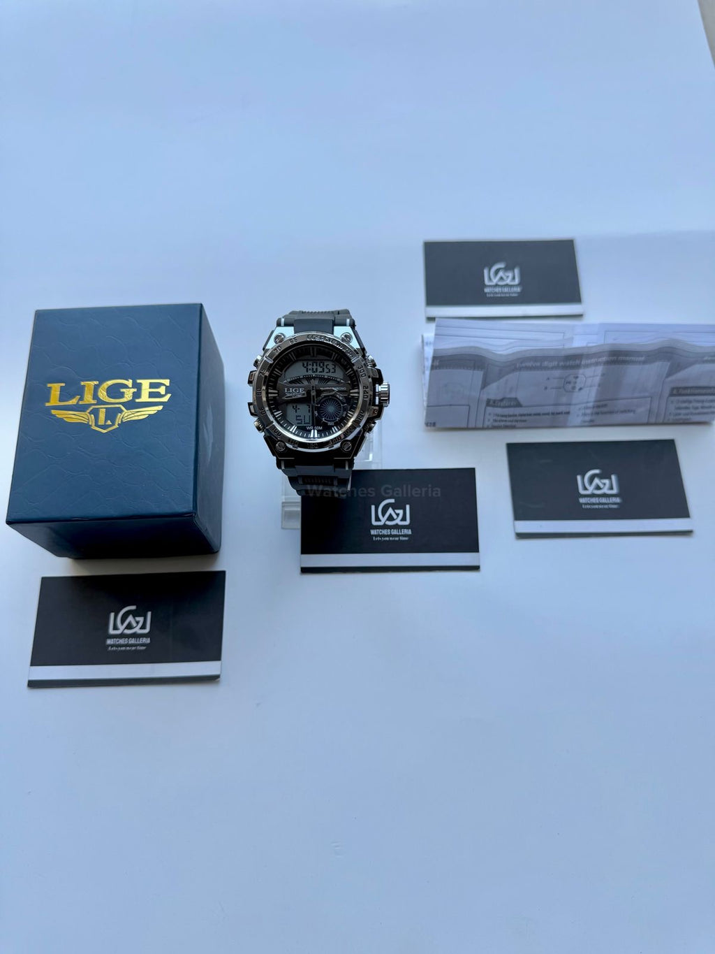 Lige 8922 Sports Watch Silver Black 45mm Dual Display Analog Digital LED Alarm Waterproof 50M Silicone Strap Men’s Watch