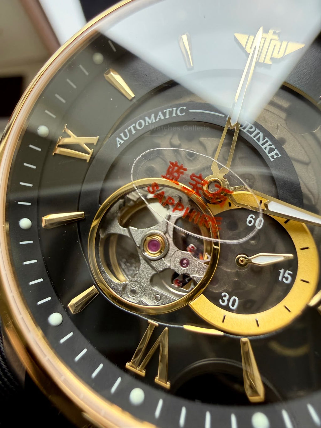 Oupinke G3190 (Black Leather) Open Heart Automatic Watch with Miyota 8215 Japanese Movement, Sapphire Crystal, Luminous Dial & Black Leather Strap