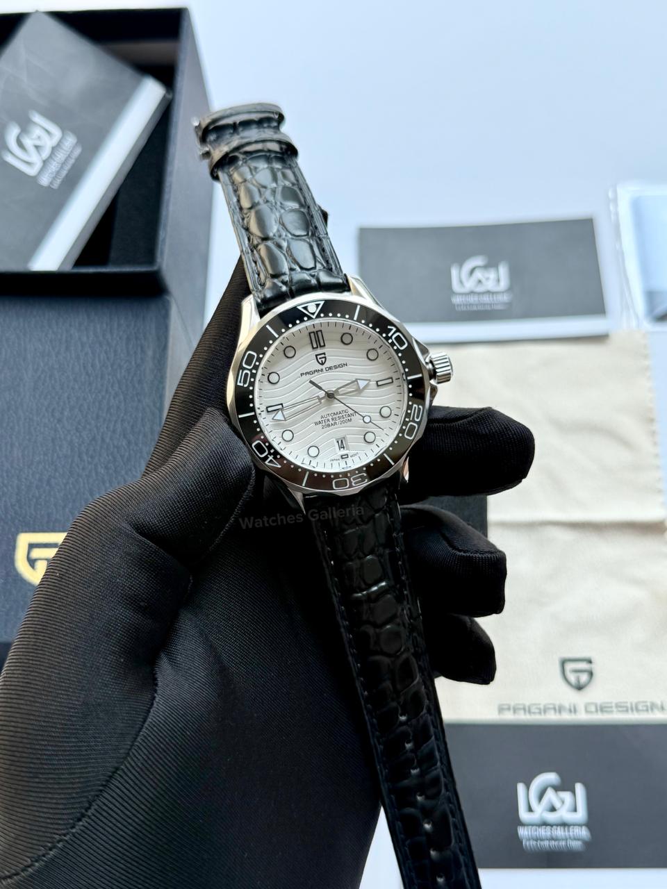 Pagani Design PD1685 Black Leather Strap Seamaster Diver White Automatic Watch – 200M Sapphire Crystal NH35A/Miyota Luxury Dive Watch in Pakistan | Watches Galleria