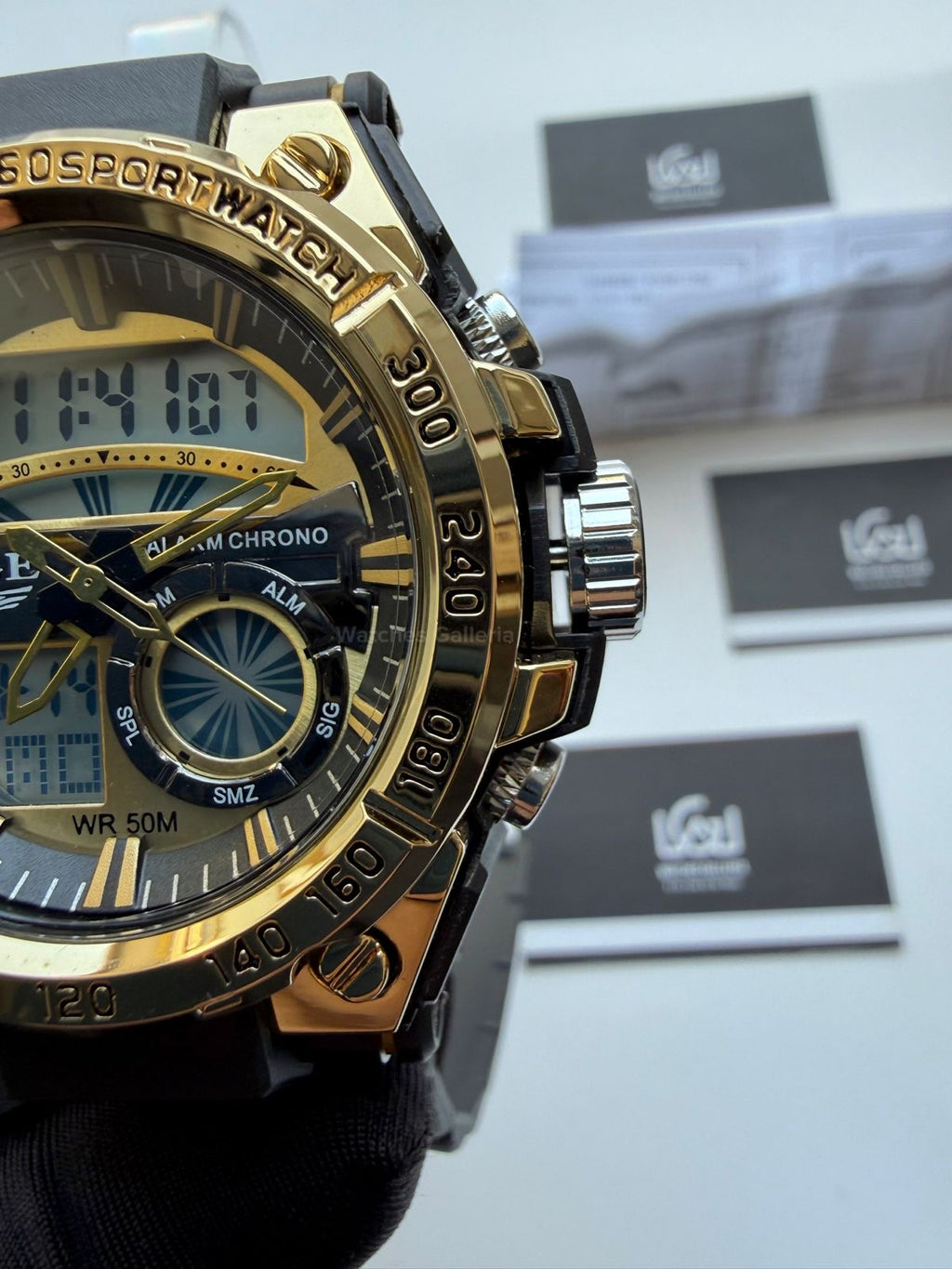 Lige 8922 Sports Watch Gold Black 45mm Dual Display Analog Digital LED Alarm Waterproof 50M Silicone Strap Men’s Watch