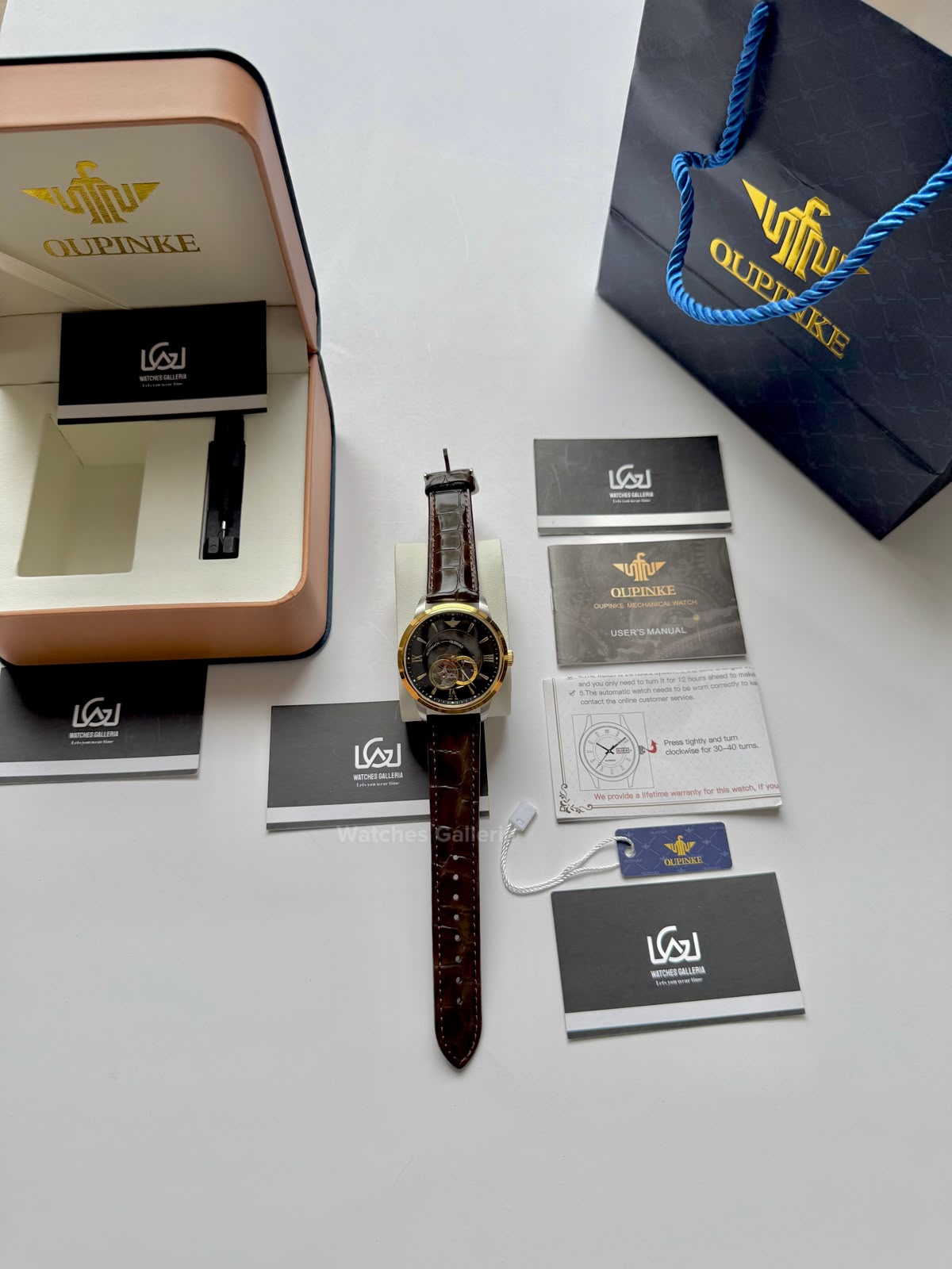 Oupinke G3190 (Brown Leather) Open Heart Automatic Watch with Miyota 8215 Japanese Movement, Sapphire Crystal, Luminous Dial & Black Leather Strap