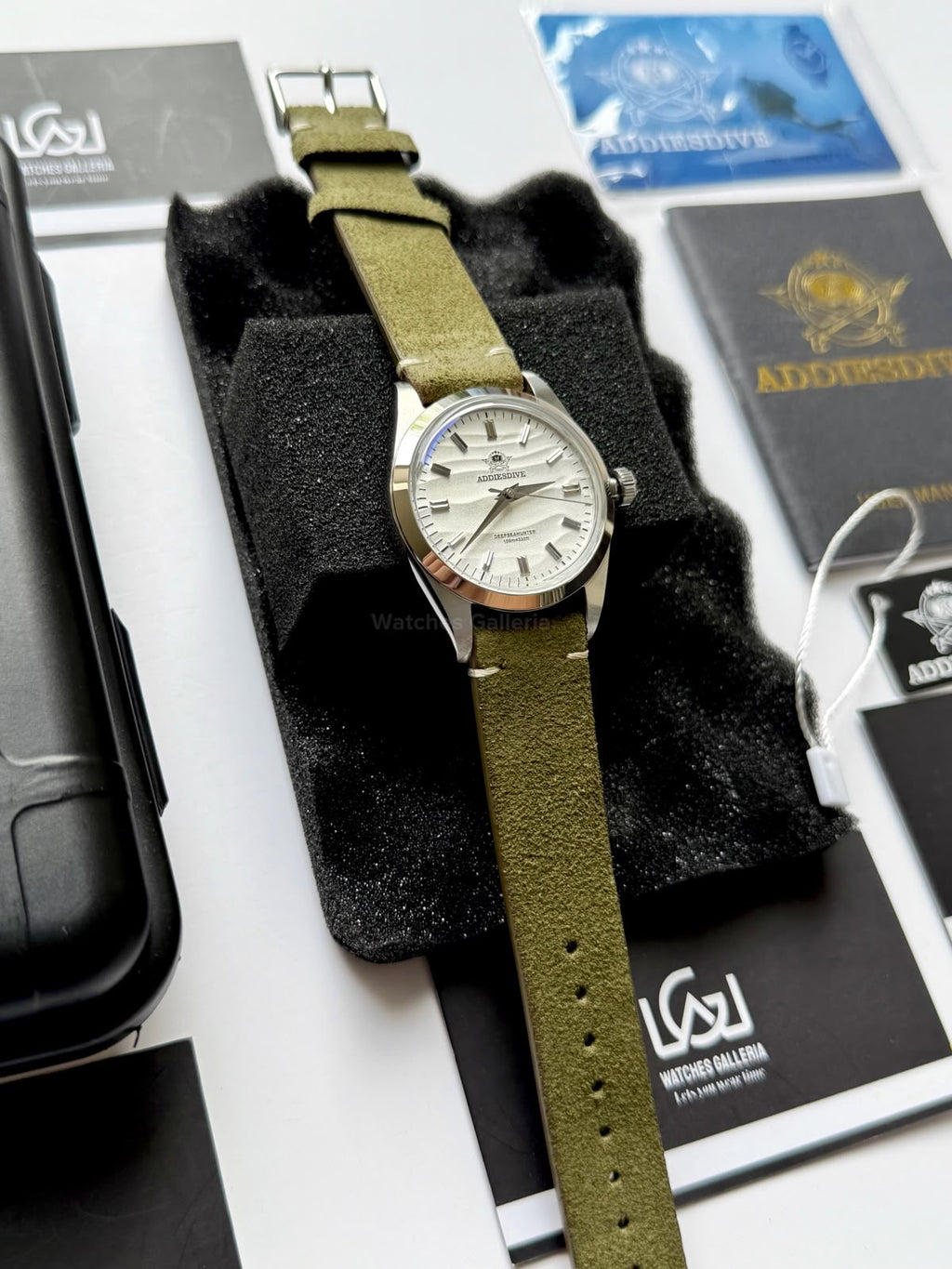 Addiesdive AD2030 Desert White Green Suede Leather Strap Unisex Watch – 36mm Classic Desert Dial, Japan VH31 Quartz Movement, Blue Anti-Glare Mineral Glass & Genuine Suede Leather Strap
