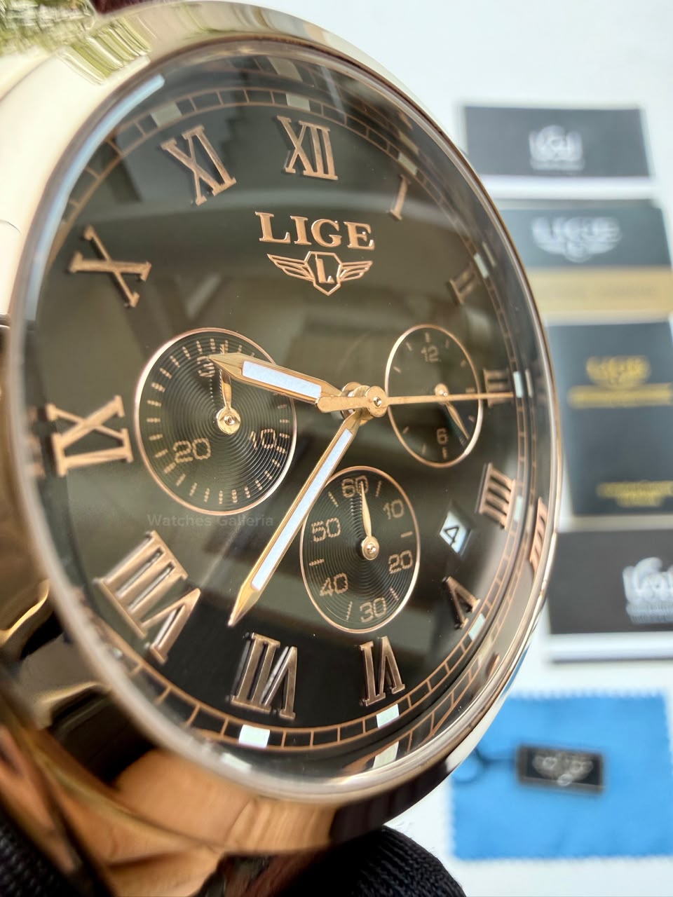 Lige 9852 Chronograph Watch for Men Brown Rose Gold Leather Strap Original Lige Watch in Pakistan