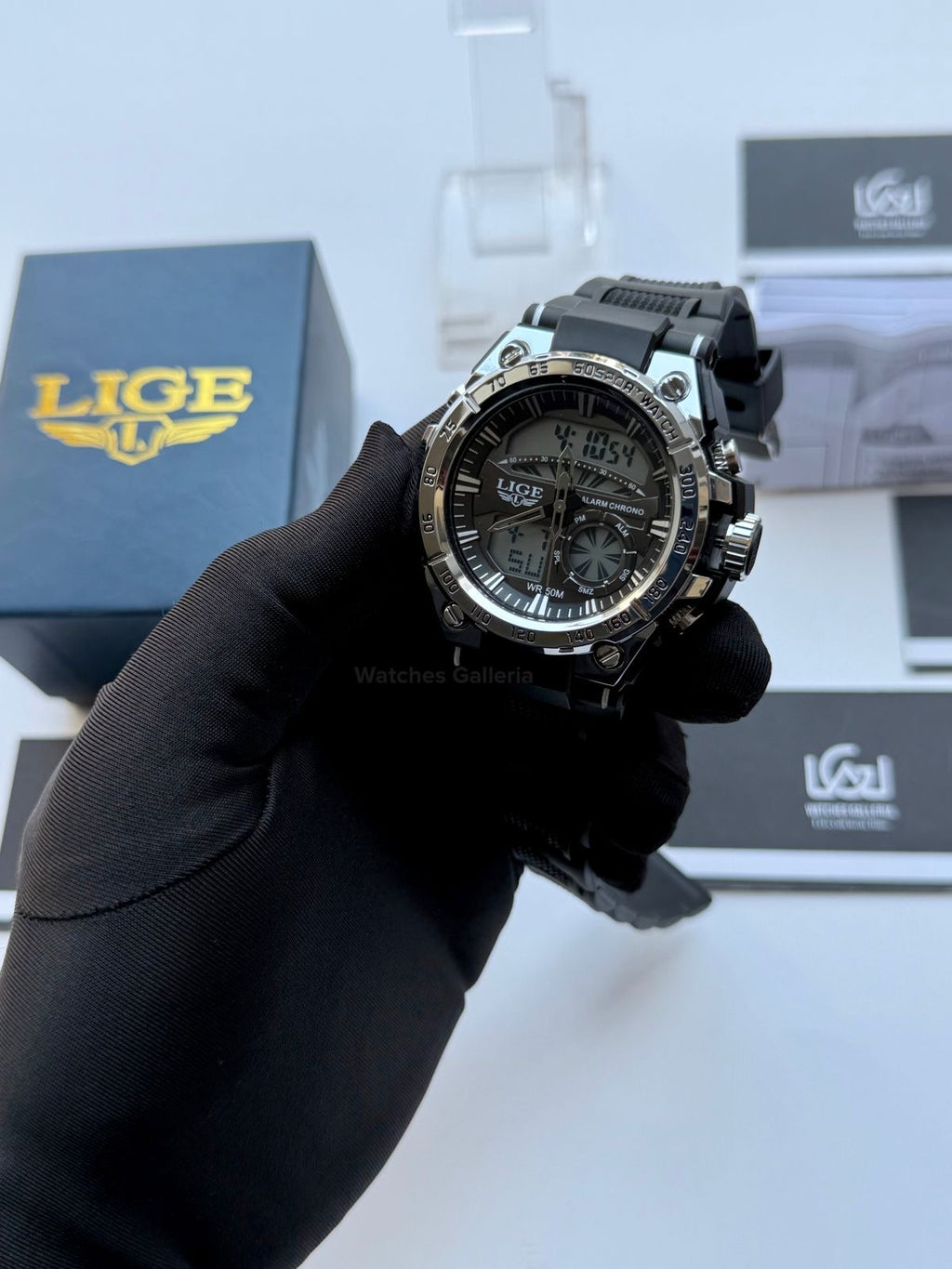 Lige 8922 Sports Watch Silver Black 45mm Dual Display Analog Digital LED Alarm Waterproof 50M Silicone Strap Men’s Watch