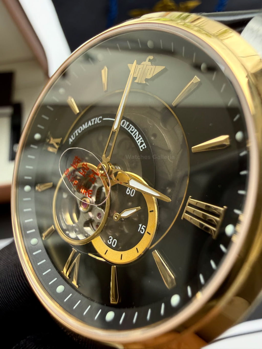 Oupinke G3190 (Black Leather) Open Heart Automatic Watch with Miyota 8215 Japanese Movement, Sapphire Crystal, Luminous Dial & Black Leather Strap