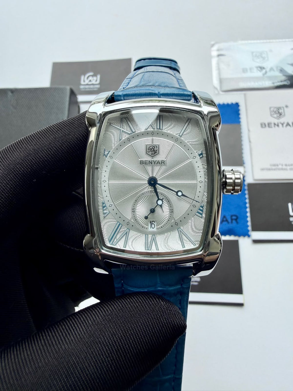 Benyar BY5114 Square Tank Watch | Blue Silver White | Roman Numeral Dial Master Lock Quartz Date Calendar Leather Strap