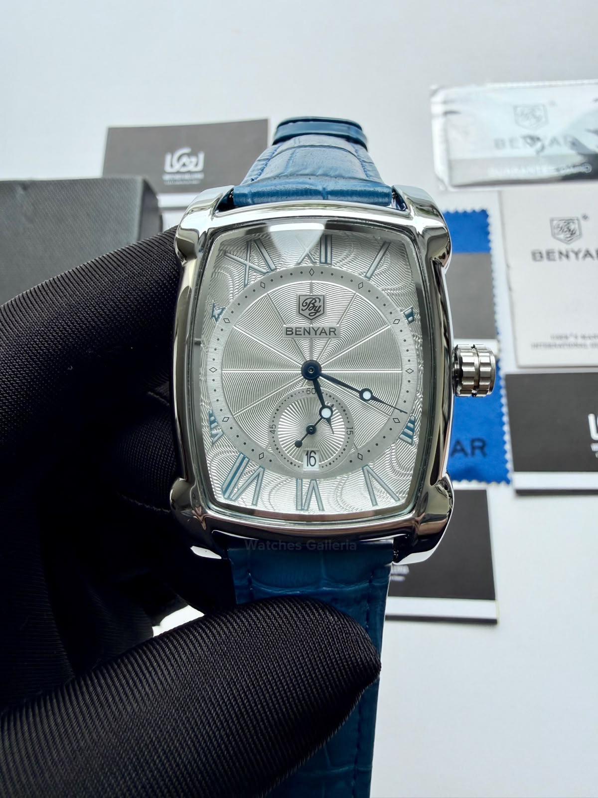 Benyar BY5114 Square Tank Watch | Blue Silver White | Roman Numeral Dial Master Lock Quartz Date Calendar Leather Strap