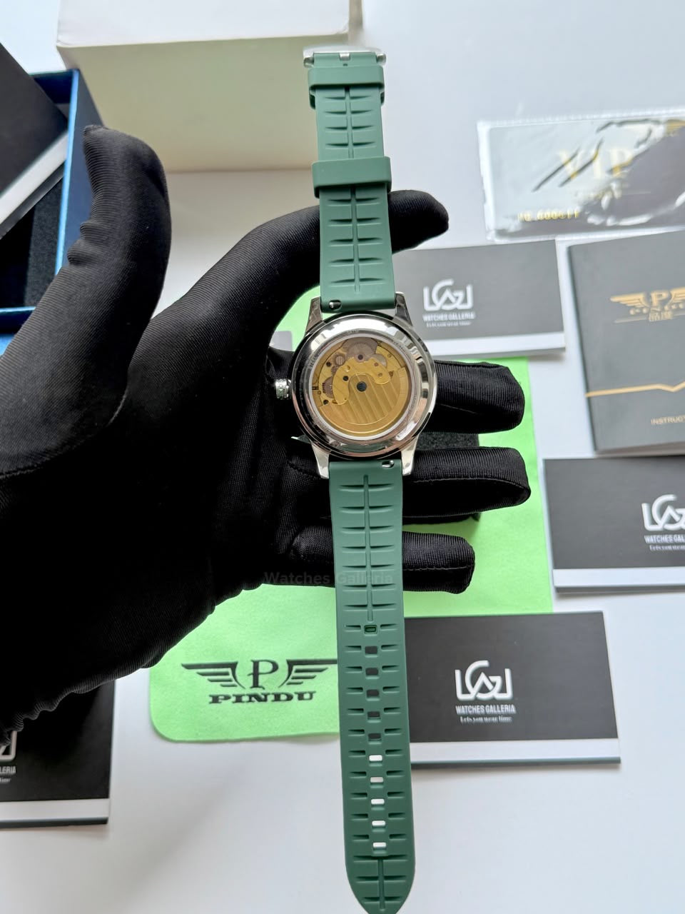 Pindu 5037 Green/Green Silicon LeatherDiamonds Hand Encrusted Diamond Automatic Tourbillon Watch for Men | Luxury Mechanical Watch | 43mm Stainless Steel Case