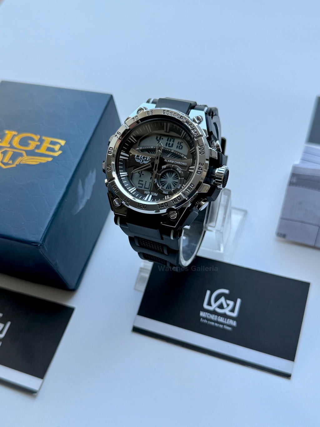 Lige 8922 Sports Watch Silver Black 45mm Dual Display Analog Digital LED Alarm Waterproof 50M Silicone Strap Men’s Watch