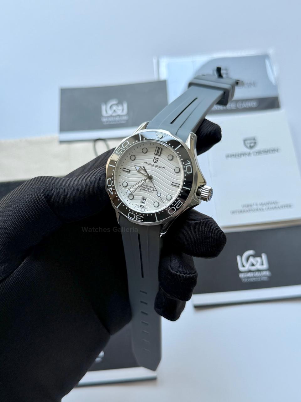 Pagani Design PD1685 Grey Silicon Seamaster Diver White Automatic Watch – 200M Sapphire Crystal NH35A/Miyota Luxury Dive Watch in Pakistan | Watches Galleria