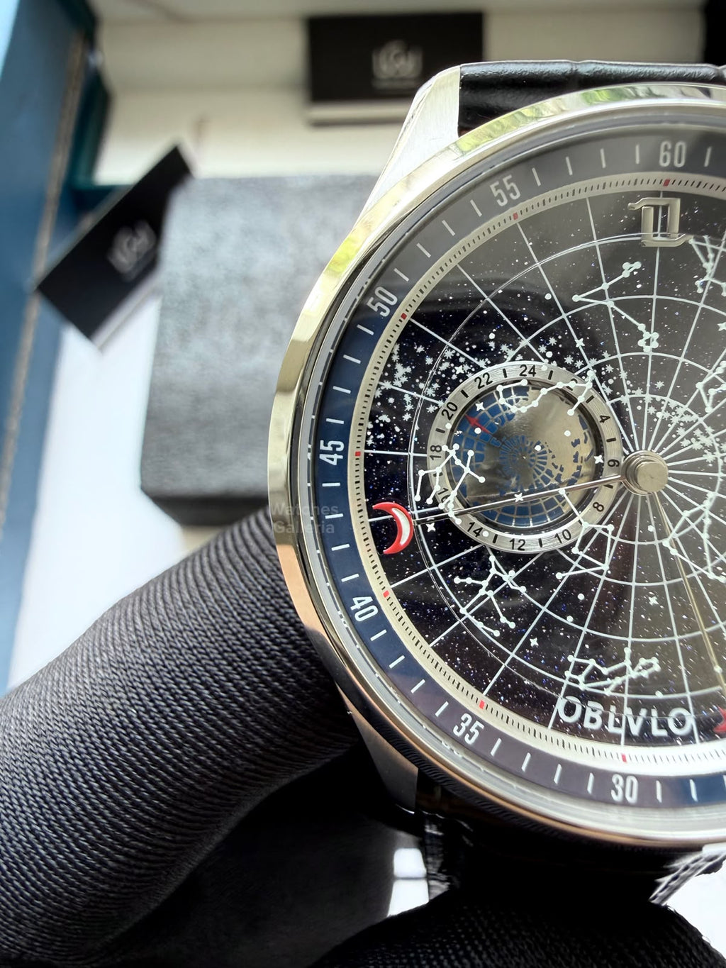 OBLVLO GC (Black Blue Silver) Grand Complications Celestial Automatic Watch Brown & Black Dial with Rose Gold Details, Moving Constellation & Earth Display – OBLVLOGC | Oblvlo