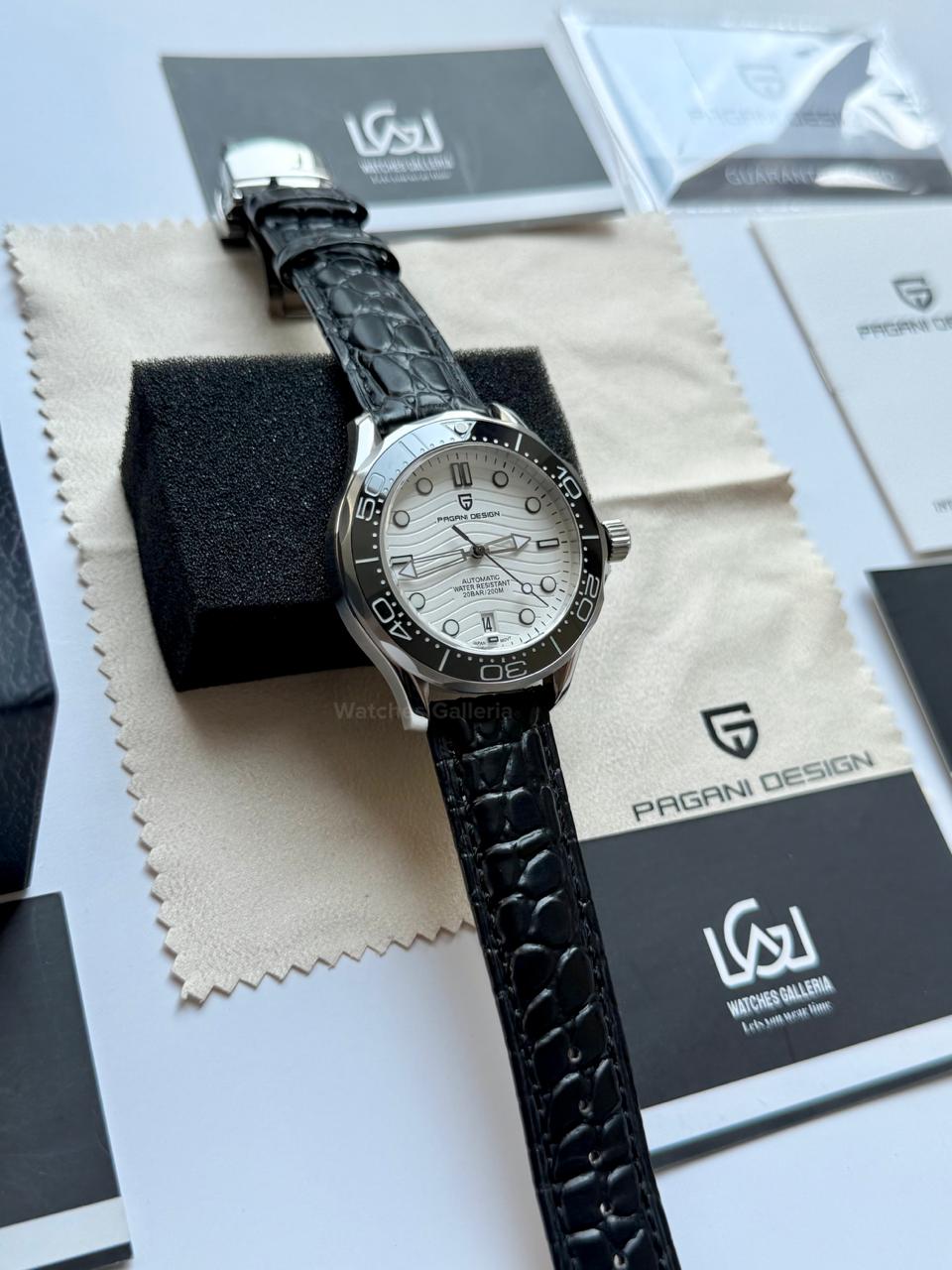 Pagani Design PD1685 Black Leather Strap Seamaster Diver White Automatic Watch – 200M Sapphire Crystal NH35A/Miyota Luxury Dive Watch in Pakistan | Watches Galleria