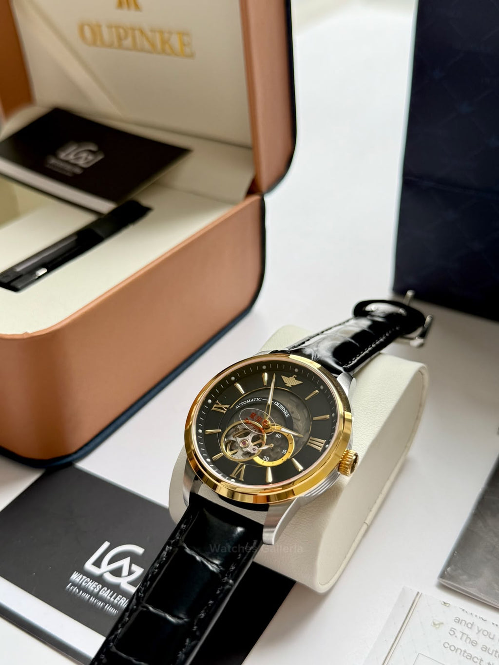 Oupinke G3190 (Black Leather) Open Heart Automatic Watch with Miyota 8215 Japanese Movement, Sapphire Crystal, Luminous Dial & Black Leather Strap