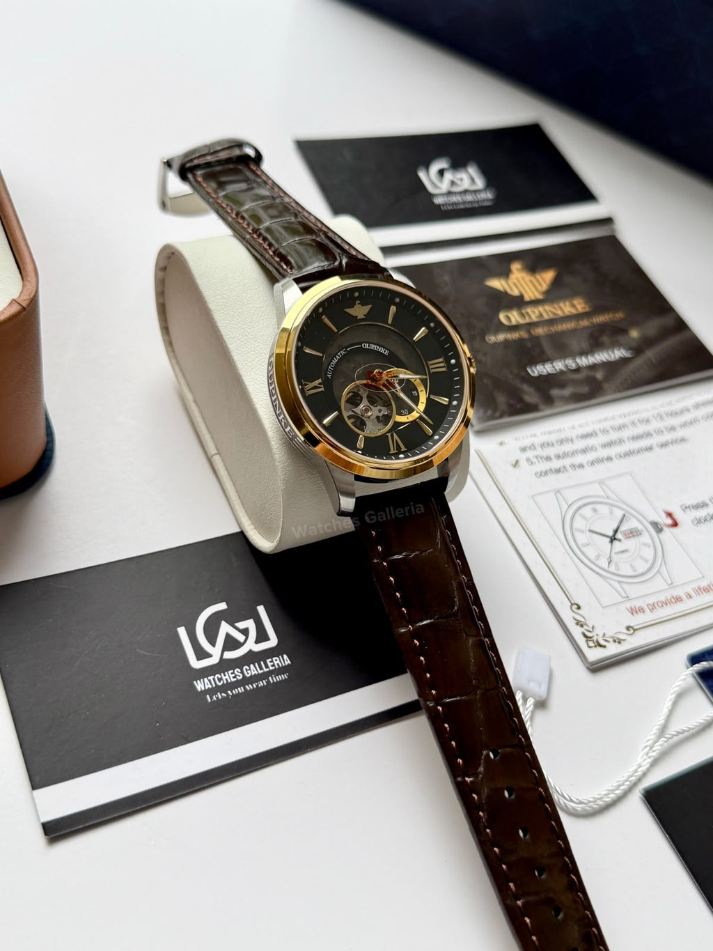 Oupinke G3190 (Brown Leather) Open Heart Automatic Watch with Miyota 8215 Japanese Movement, Sapphire Crystal, Luminous Dial & Black Leather Strap