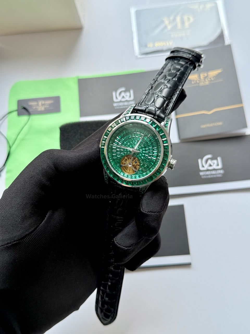 Pindu 5037 Green/Black LeatherDiamonds Hand Encrusted Diamond Automatic Tourbillon Watch for Men | Luxury Mechanical Watch | 43mm Stainless Steel Case