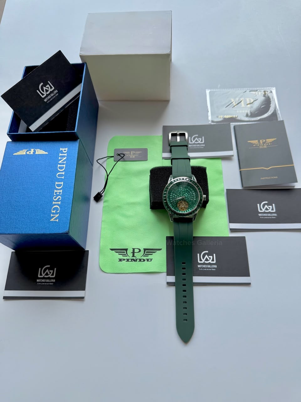 Pindu 5037 Green/Green Silicon LeatherDiamonds Hand Encrusted Diamond Automatic Tourbillon Watch for Men | Luxury Mechanical Watch | 43mm Stainless Steel Case