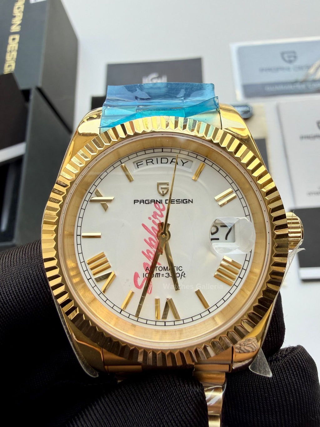 Pagani Design PD1783 Date Day Yellow Gold 40mm Automatic Watch – White Roman Dial, Seiko NH36A Movement, Sapphire Glass, Presidential Bracelet