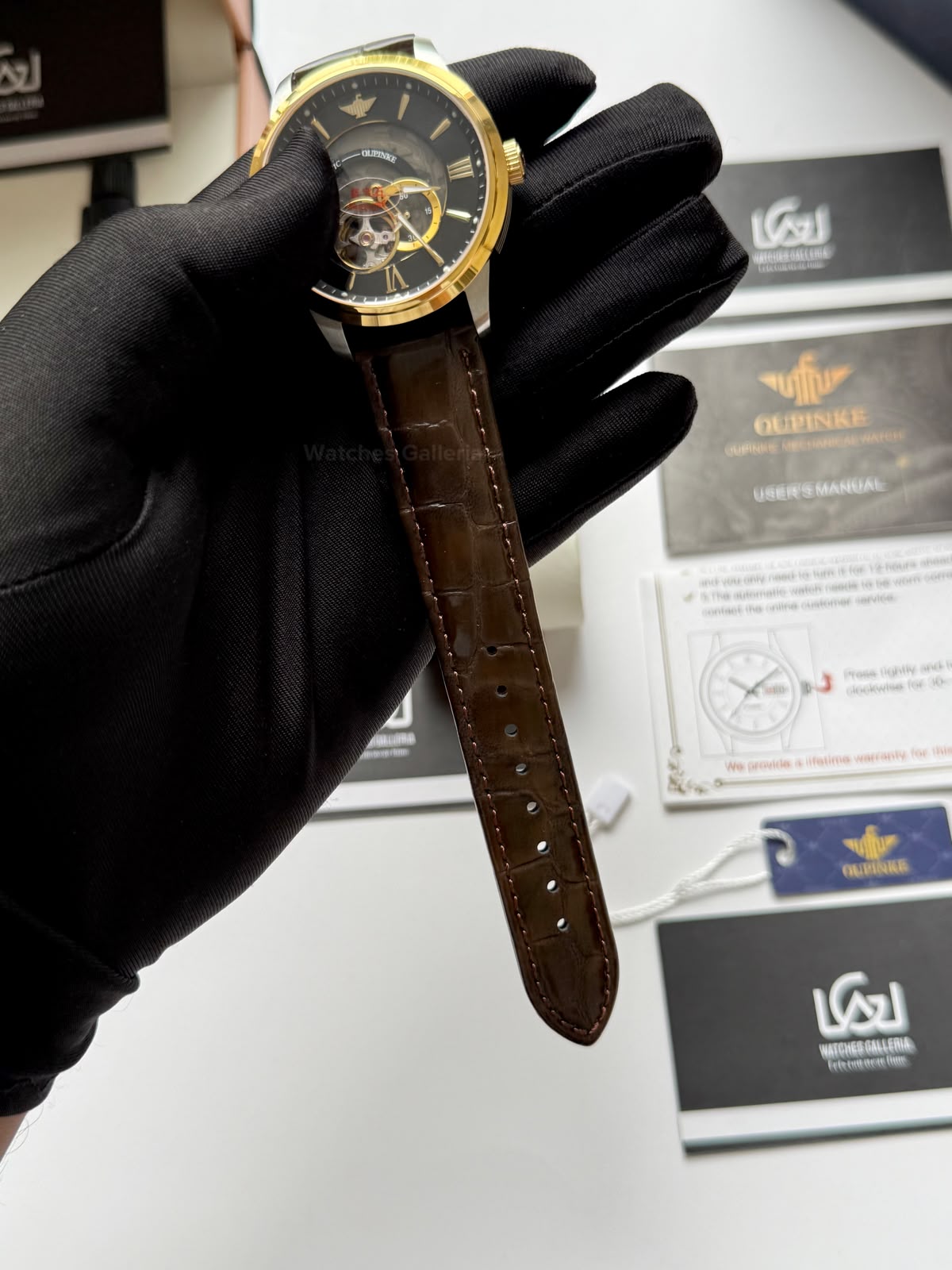 Oupinke G3190 (Brown Leather) Open Heart Automatic Watch with Miyota 8215 Japanese Movement, Sapphire Crystal, Luminous Dial & Black Leather Strap