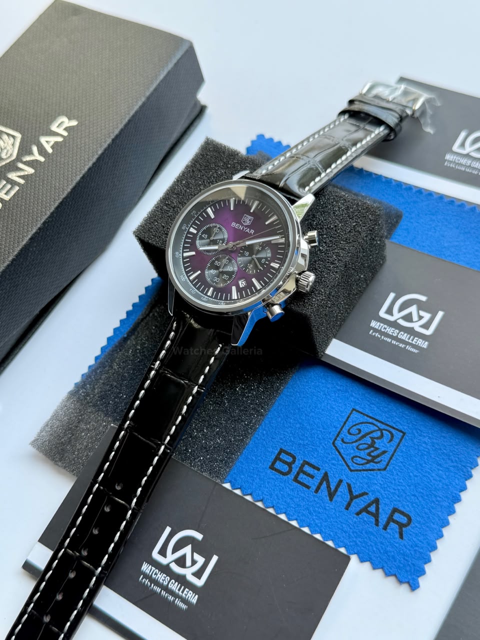 Benyar BY5213 Black Purple Men’s Luxury Quartz Leather Strap Watch – Waterproof Stainless Steel Analog Wrist Watch with Luminous Hands | Original Benyar Pakistan | Watches Galleria