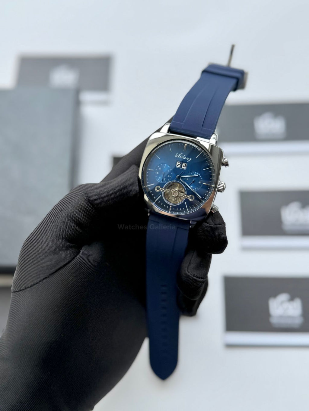 Ailang AI8655G Square Chronograph Automatic Watch Black Blue – Skeleton Flywheel, Big Date, Luxury Square Dial Men’s Watch