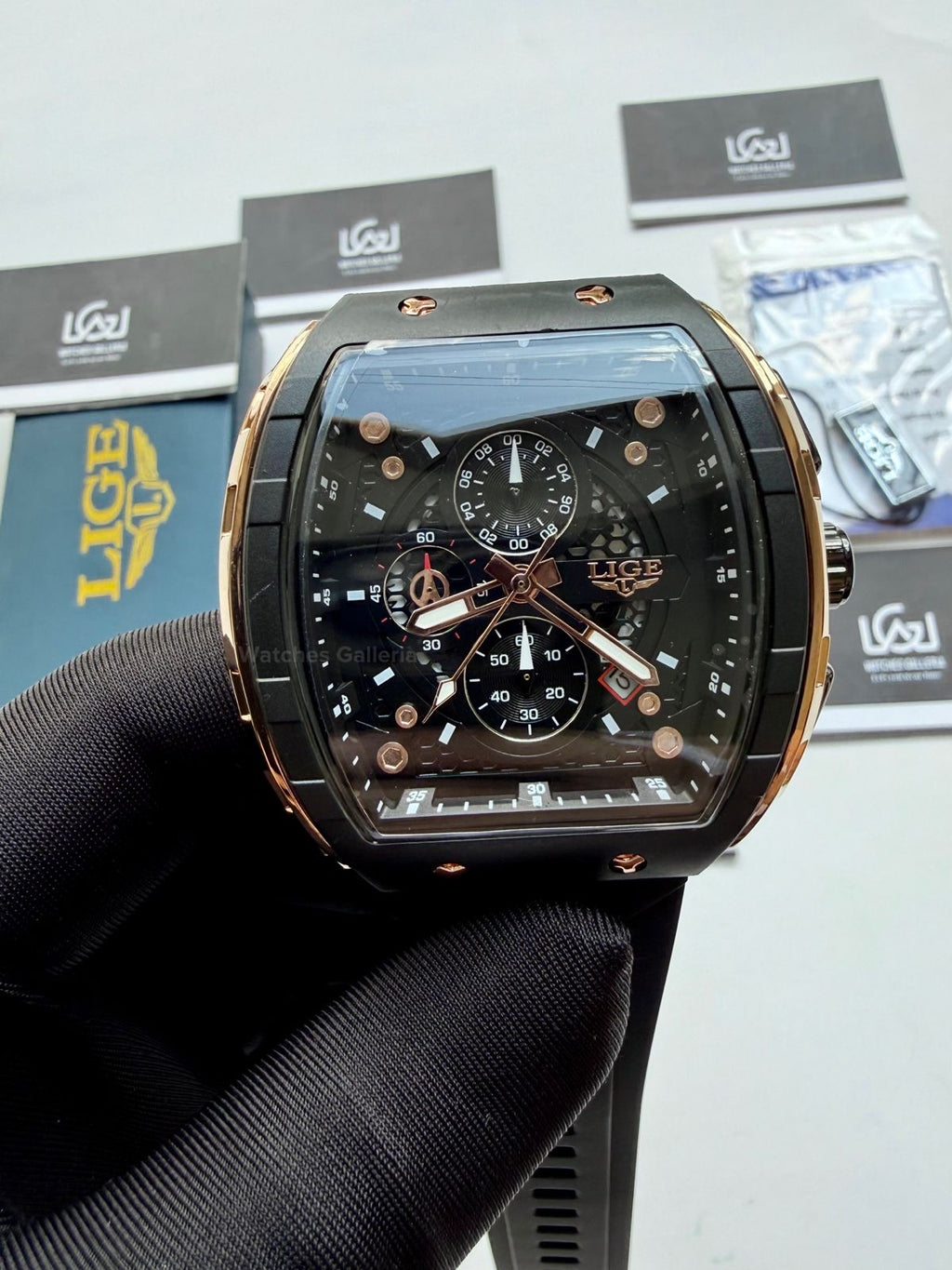 LIGE LG89148 Tonneau Chronograph Watch in Pakistan – Black Rose Gold Luxury Men’s Quartz Watch with Silicon Strap