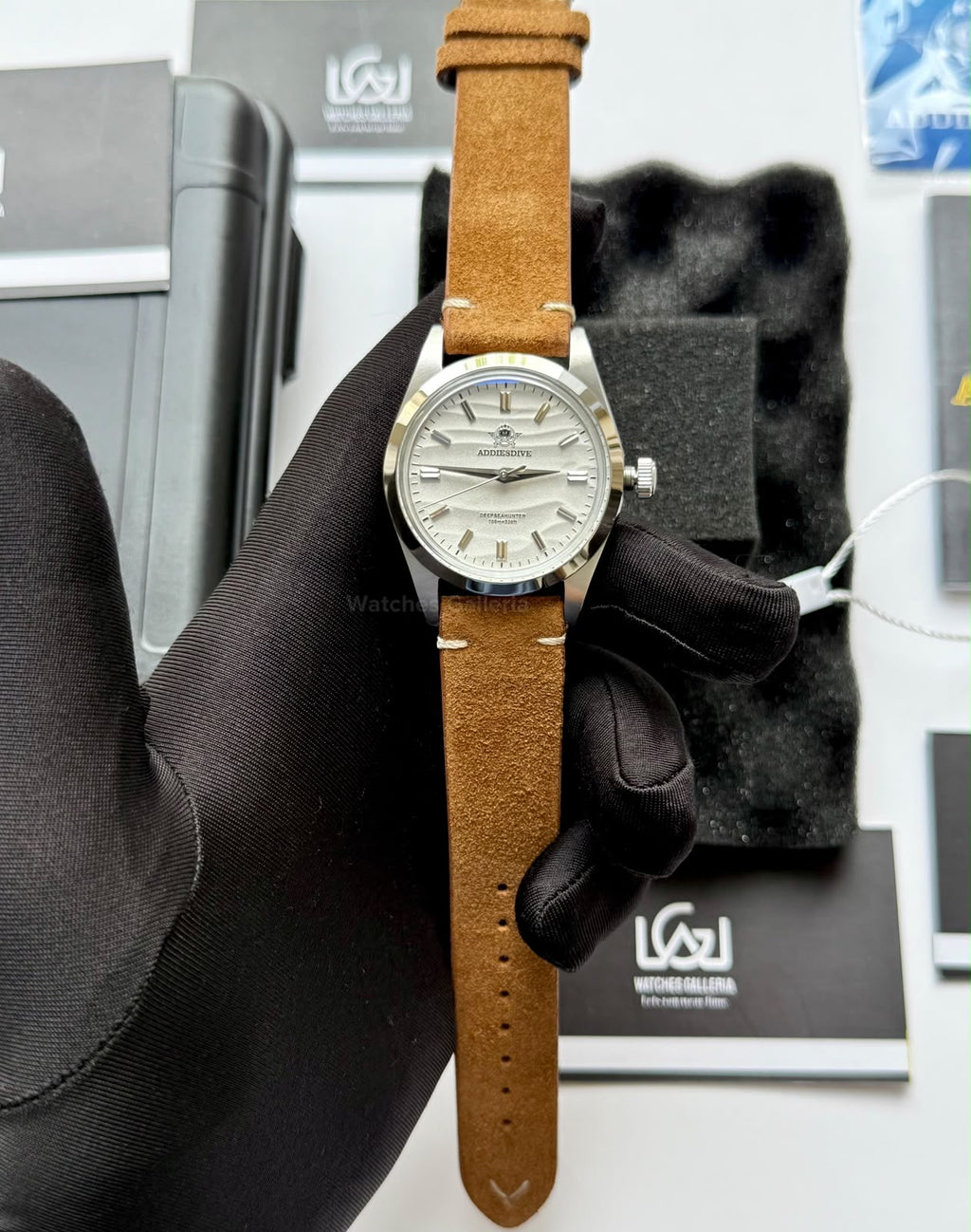 Addiesdive AD2030 Desert White with Khaki Suede Leather Strap Unisex Watch – 36mm Classic Desert Dial, Japan VH31 Quartz Movement, Blue Anti-Glare Mineral Glass & Genuine Suede Leather Strap