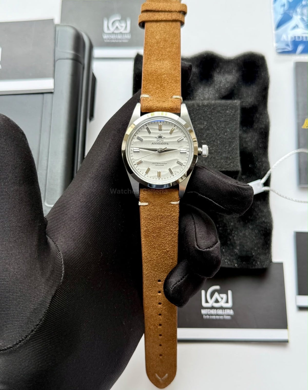 Addiesdive AD2030 Desert White with Khaki Suede Leather Strap Unisex Watch – 36mm Classic Desert Dial, Japan VH31 Quartz Movement, Blue Anti-Glare Mineral Glass & Genuine Suede Leather Strap