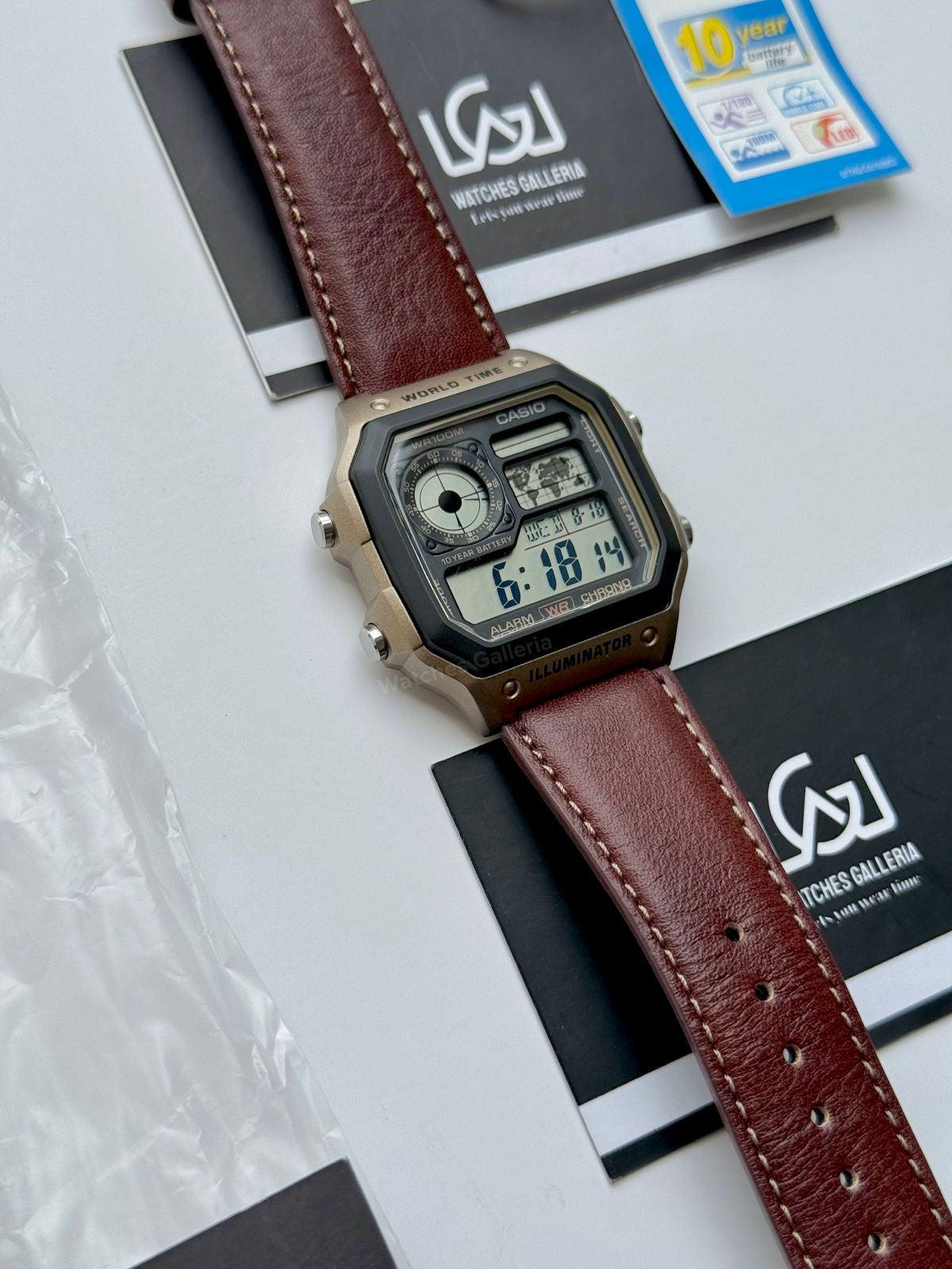Casio AE-1200WHL-5AVDF World Time Digital Watch Brown Leather Strap 100M Water Resistant – 10 Year Battery