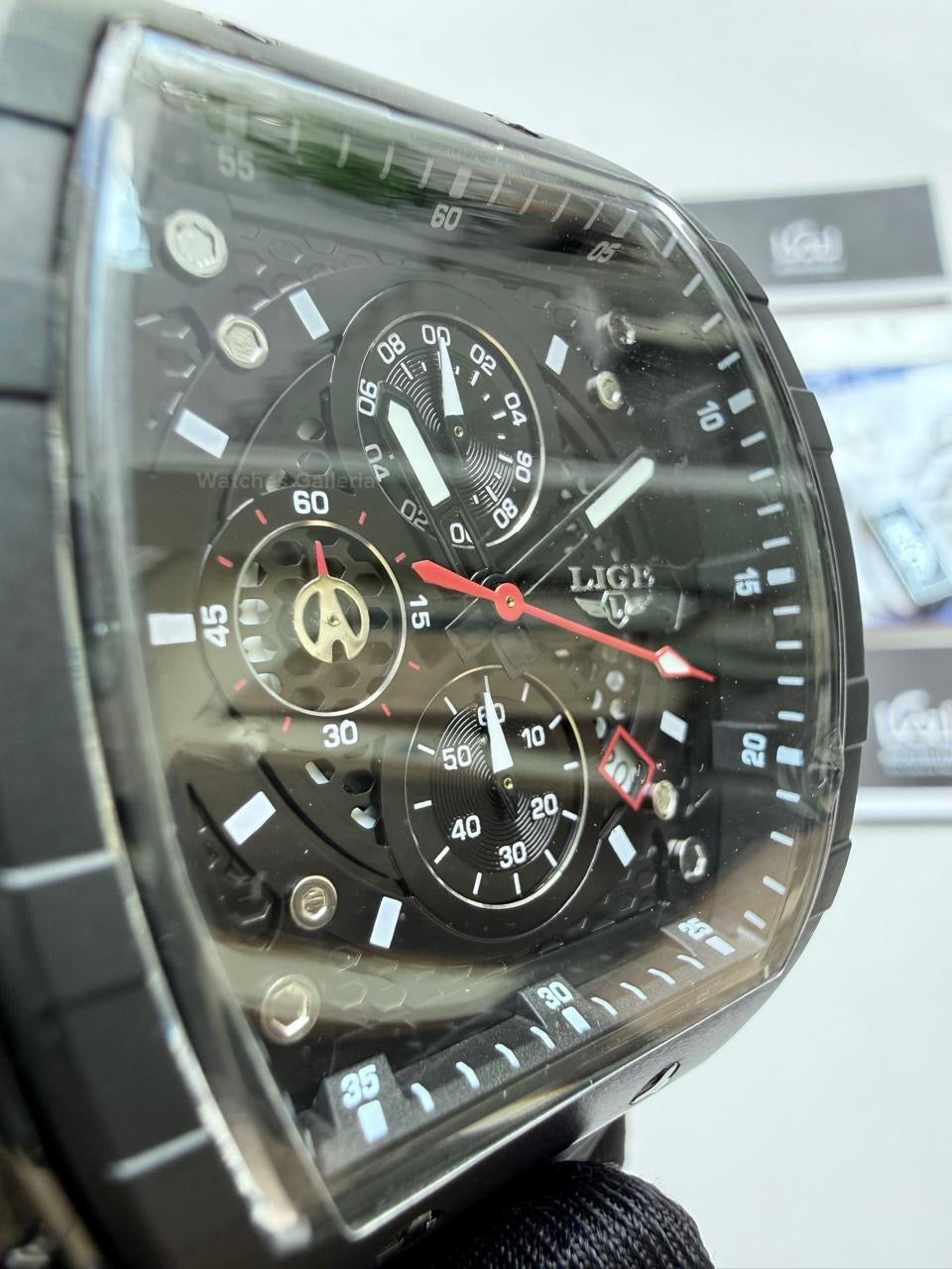 LIGE LG89148 Black Tonneau Chronograph Watch in Pakistan – Luxury Men’s Quartz Watch with Silicon Strap