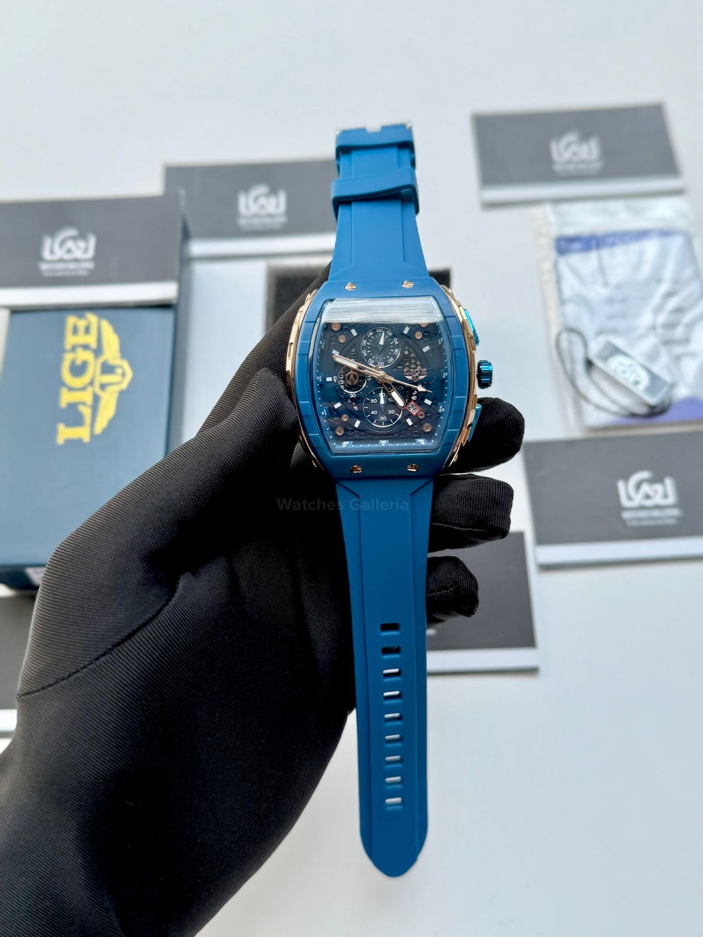 LIGE LG89148 Blue Tonneau Chronograph Watch in Pakistan – Luxury Men’s Quartz Watch with Silicon Strap