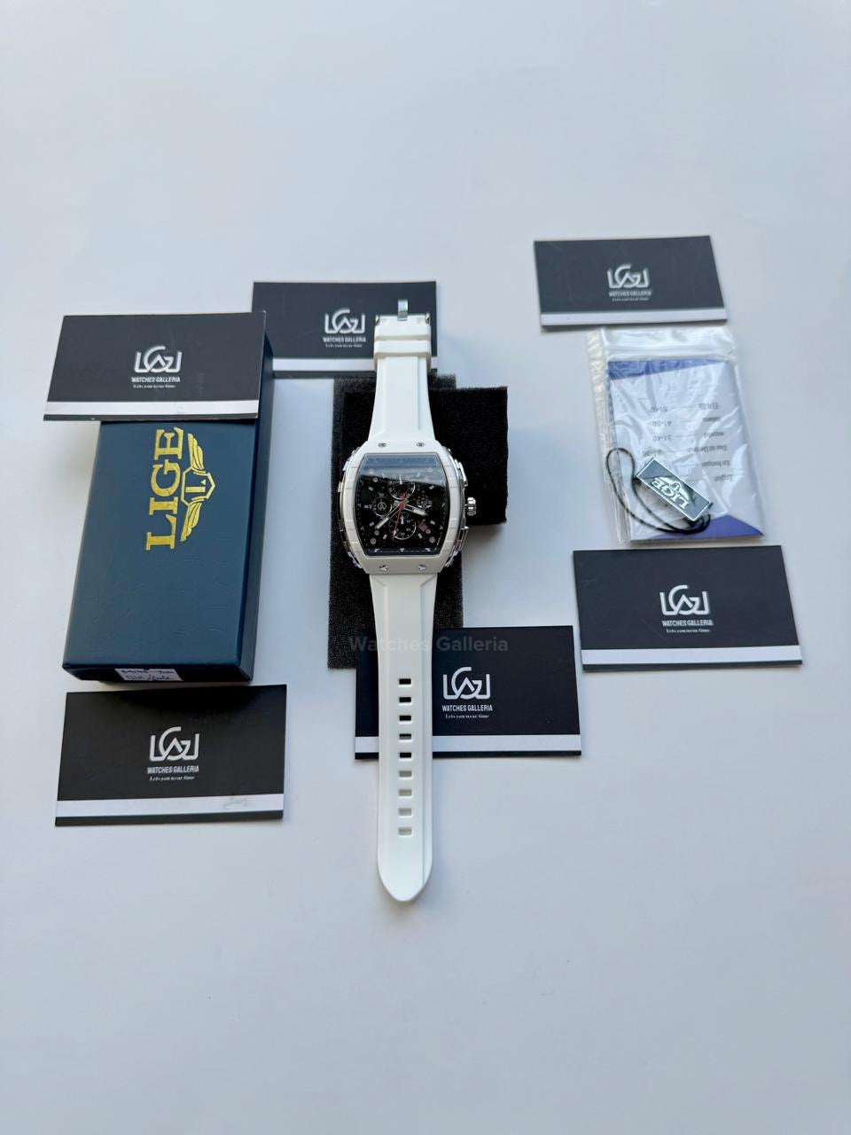 LIGE LG89148 White Tonneau Chronograph Watch in Pakistan – Luxury Men’s Quartz Watch with Silicon Strap