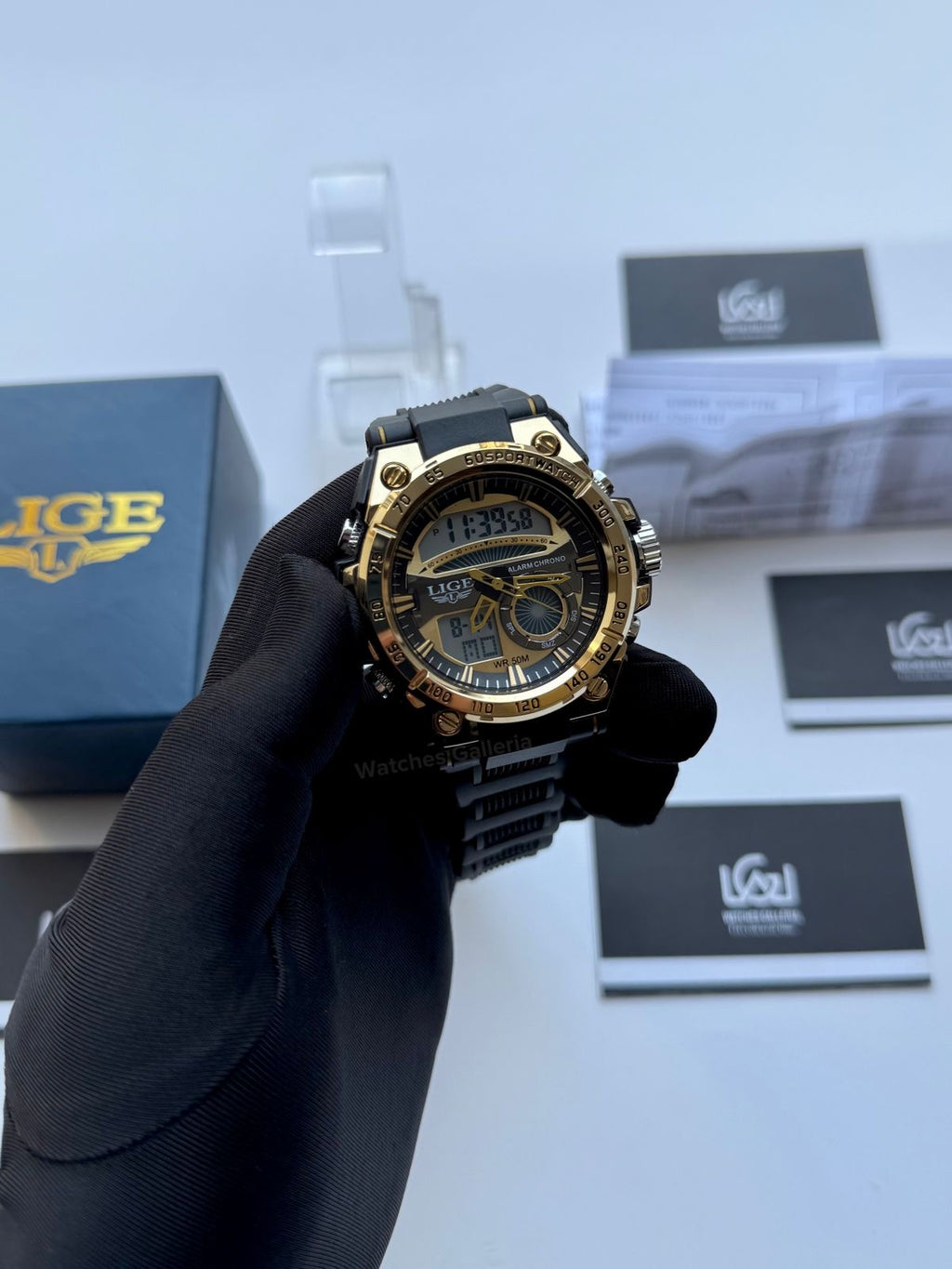 Lige 8922 Sports Watch Gold Black 45mm Dual Display Analog Digital LED Alarm Waterproof 50M Silicone Strap Men’s Watch